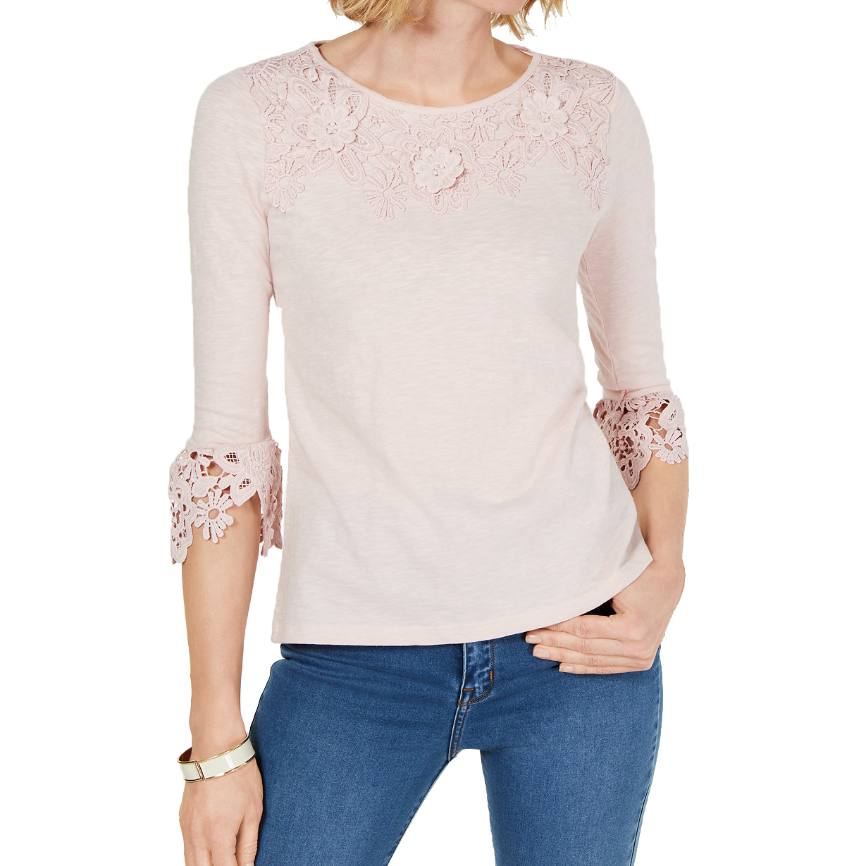 Charter Club Women Petite Bell Sleeve Embroidered Top Misty Pink