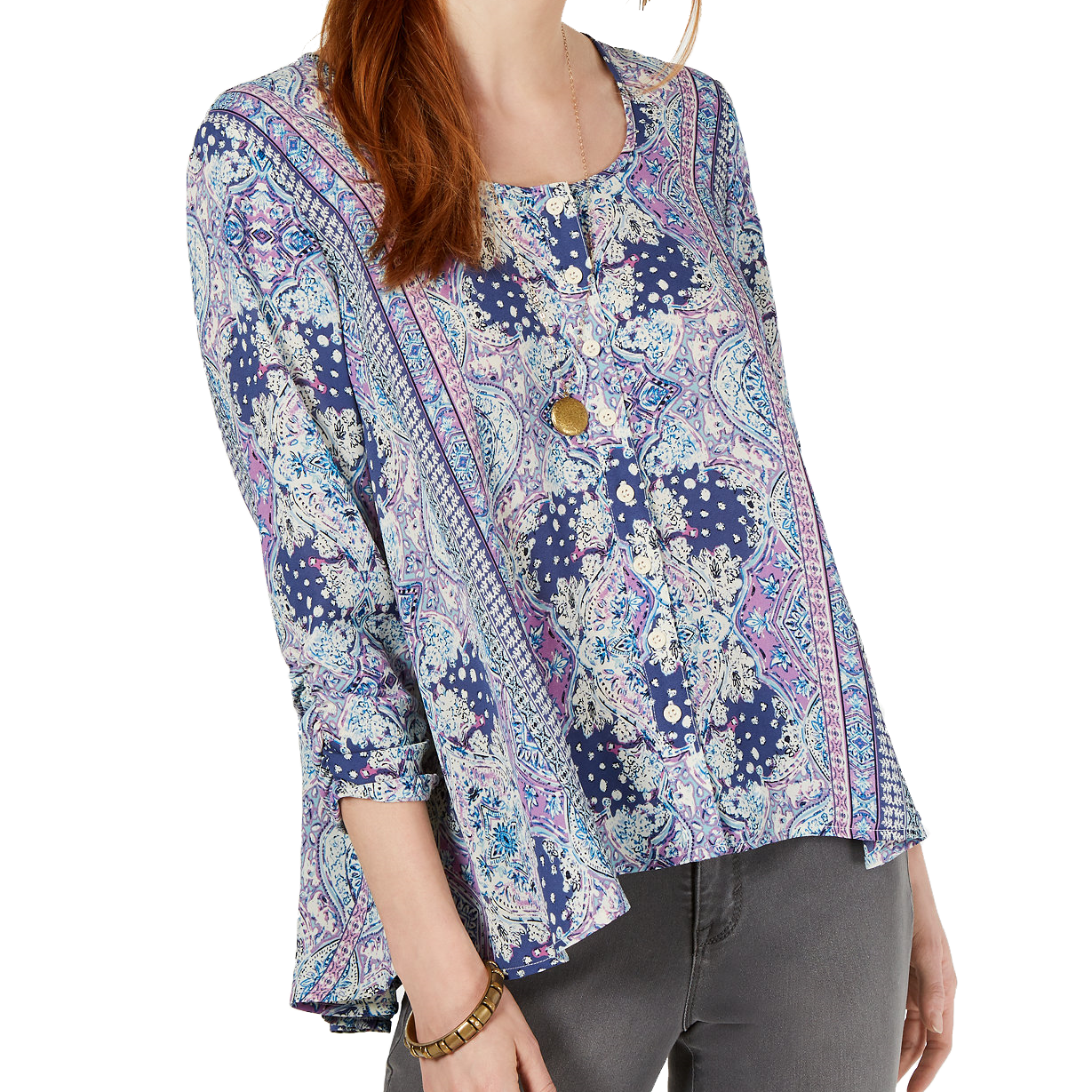 Style & Co Women Petite Printed Swing Blouse Delicate Sea
