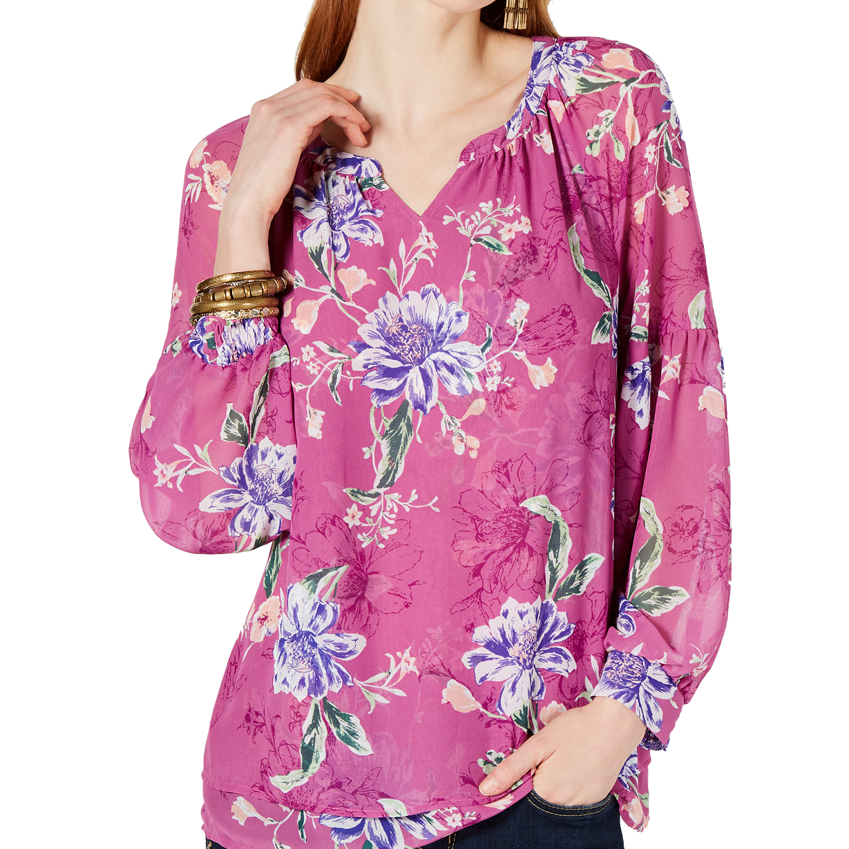 Style & Co Women Floral Print Split Neck Top Floating Medley