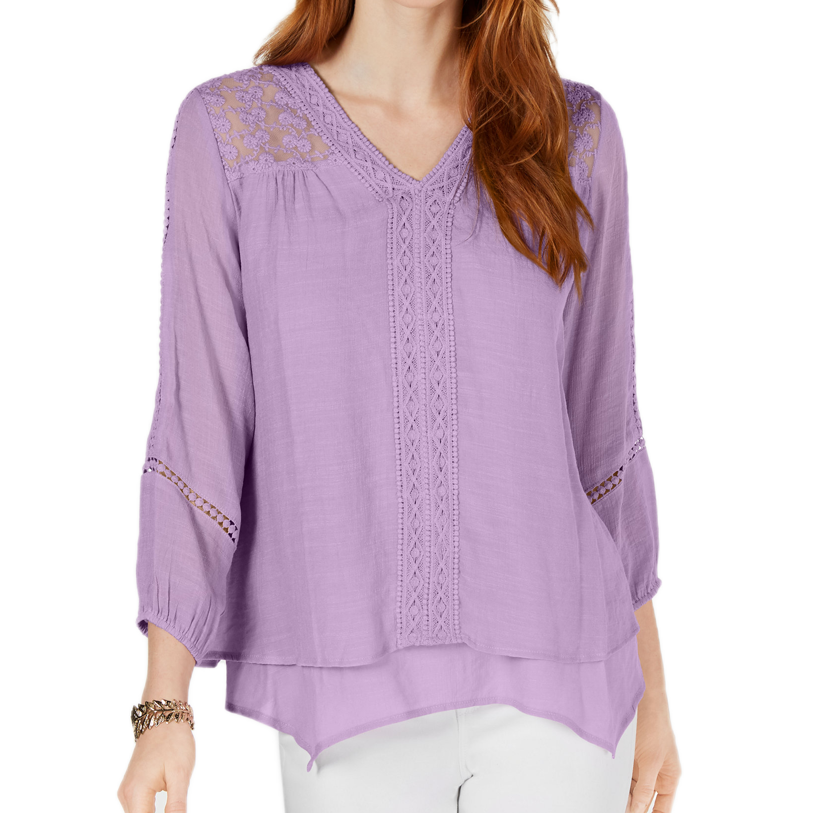 Style & Co Women Petite Layered Hem Crochet Woven Top Lavender Sprig