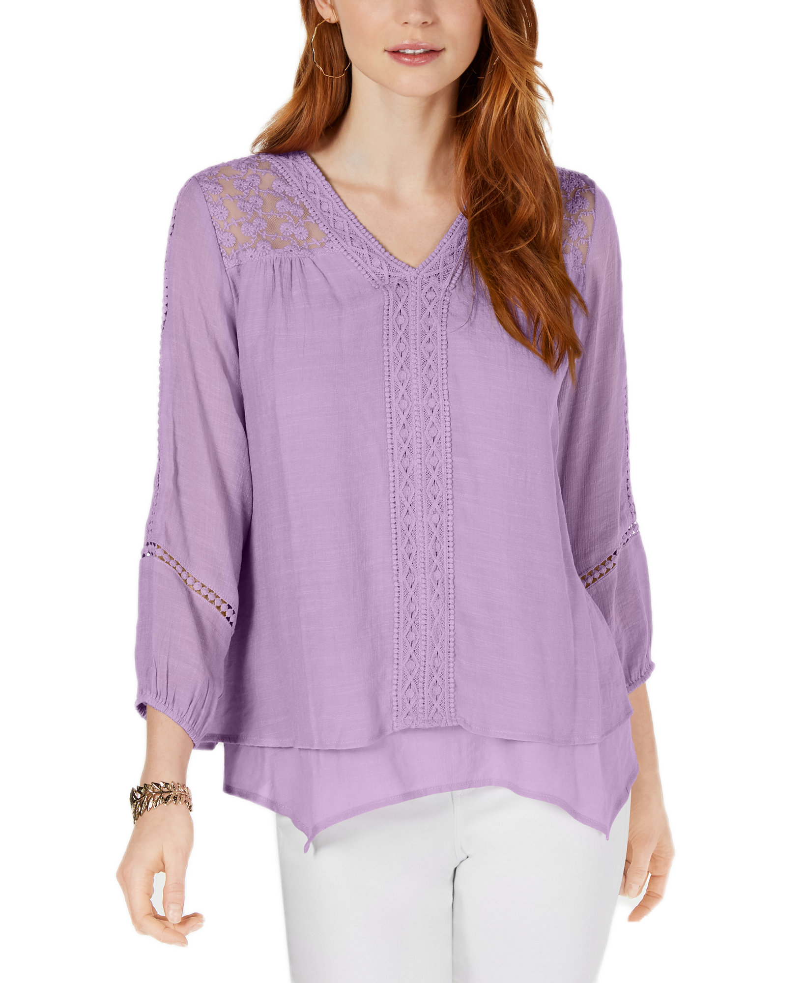 Style & Co Women Petite Layered Hem Crochet Woven Top Lavender Sprig