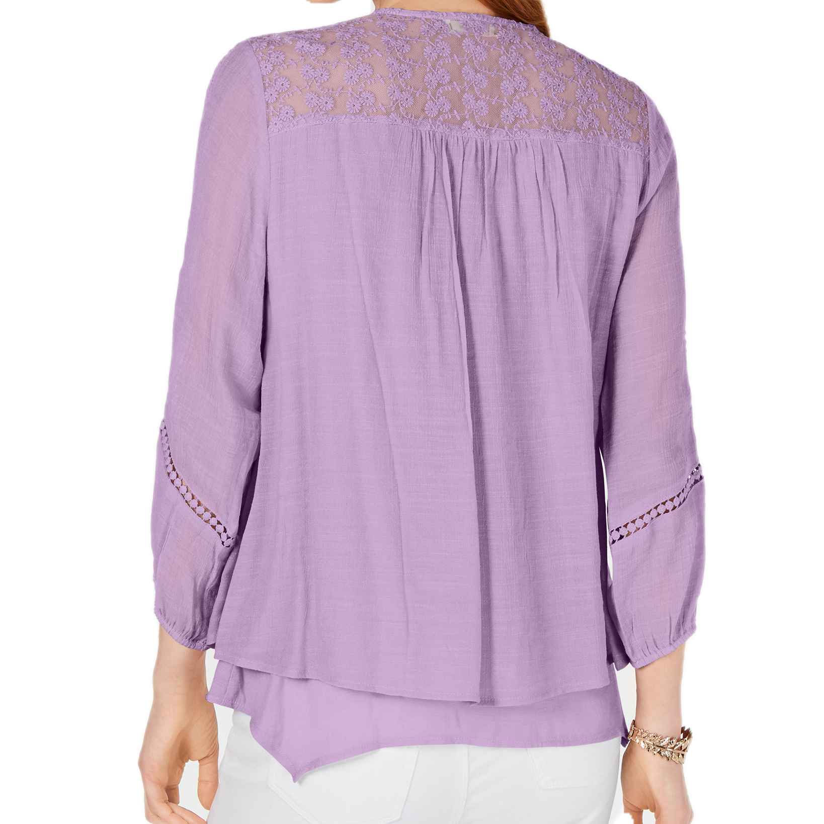 Style & Co Women Petite Layered Hem Crochet Woven Top