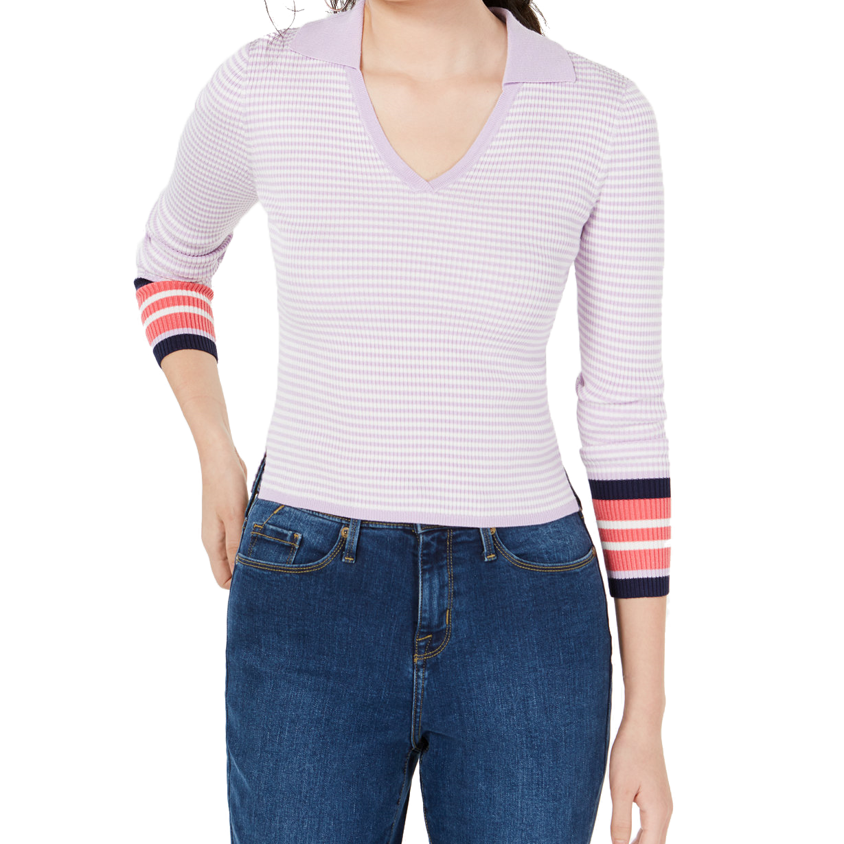 Freshman Women Contrast Striped Polo Sweater Lavender Bloom