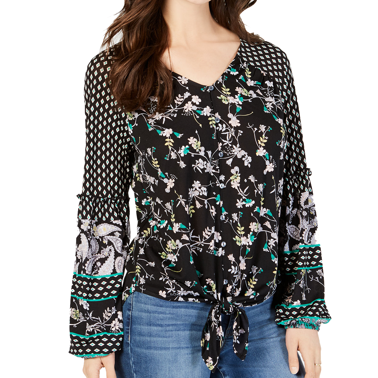 Style & Co Mixed Print Tie Front Top Black Happy Mix
