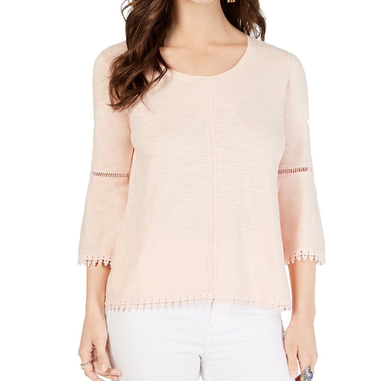 Style & Co Women Crochet Trim Bell Sleeve Top Crushed Pedal