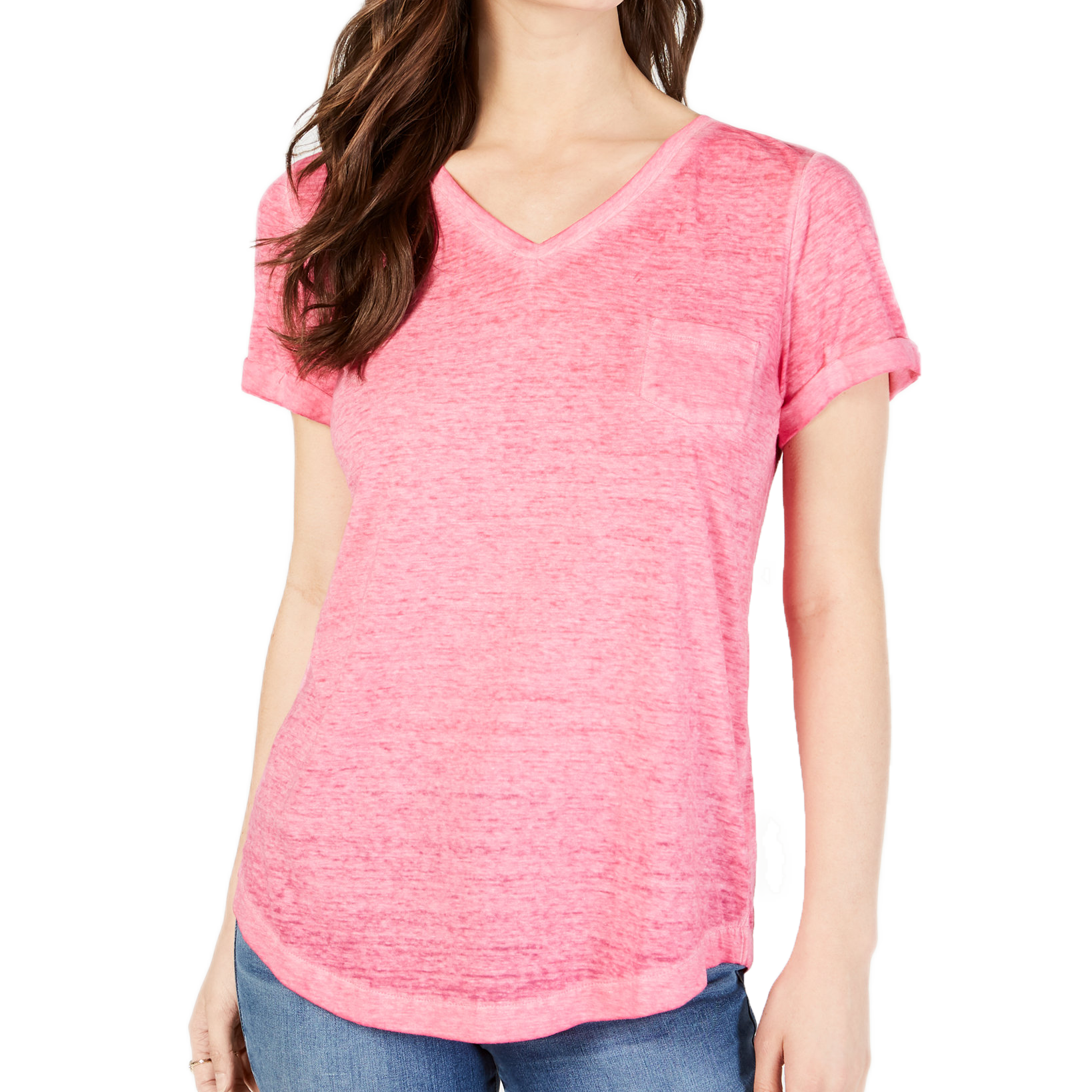 Style & Co Women Petite Burnout V Neck T Shirt Pink Breeze