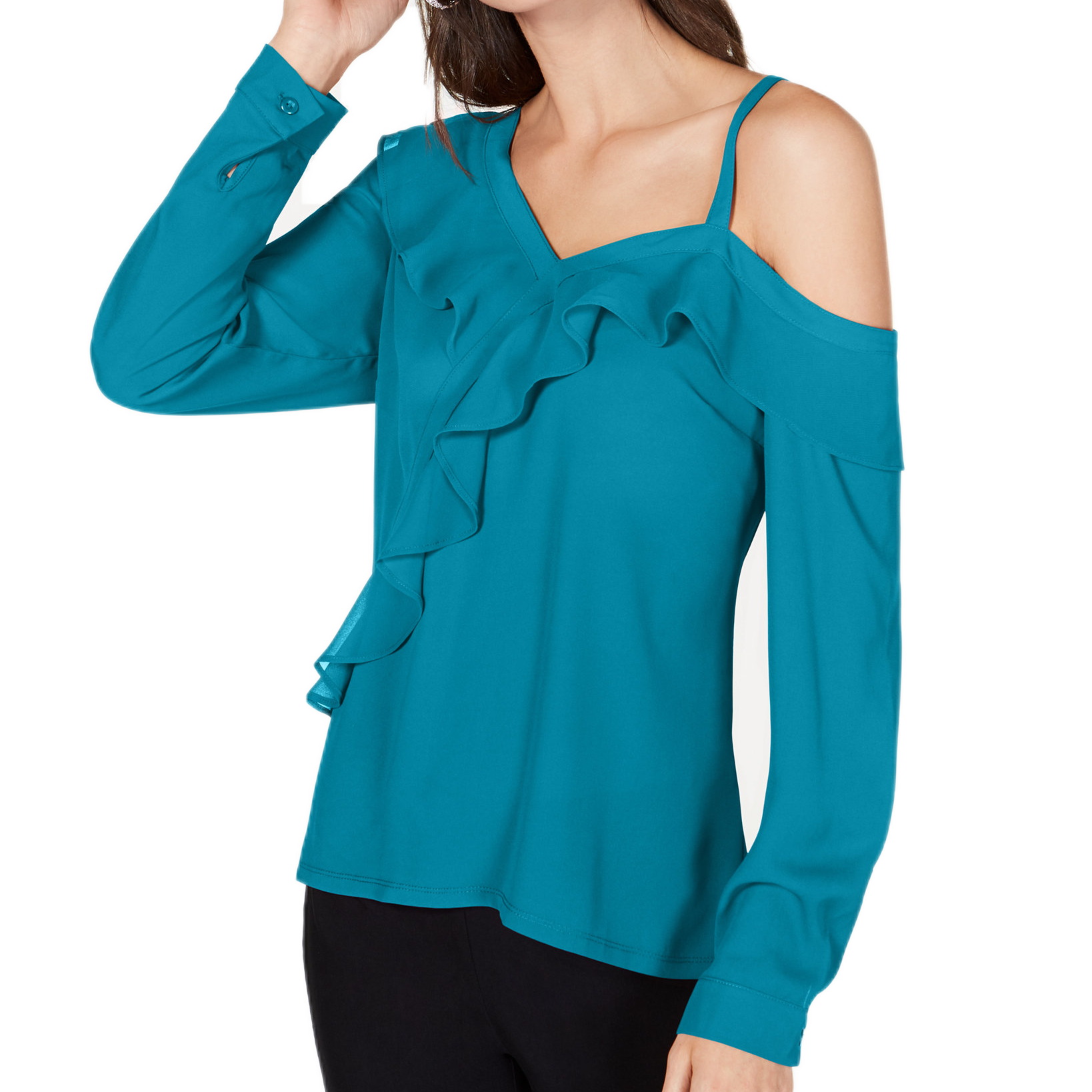 INC International Concepts Women Ruffled Cold Shoulder Top Caribbean Blue