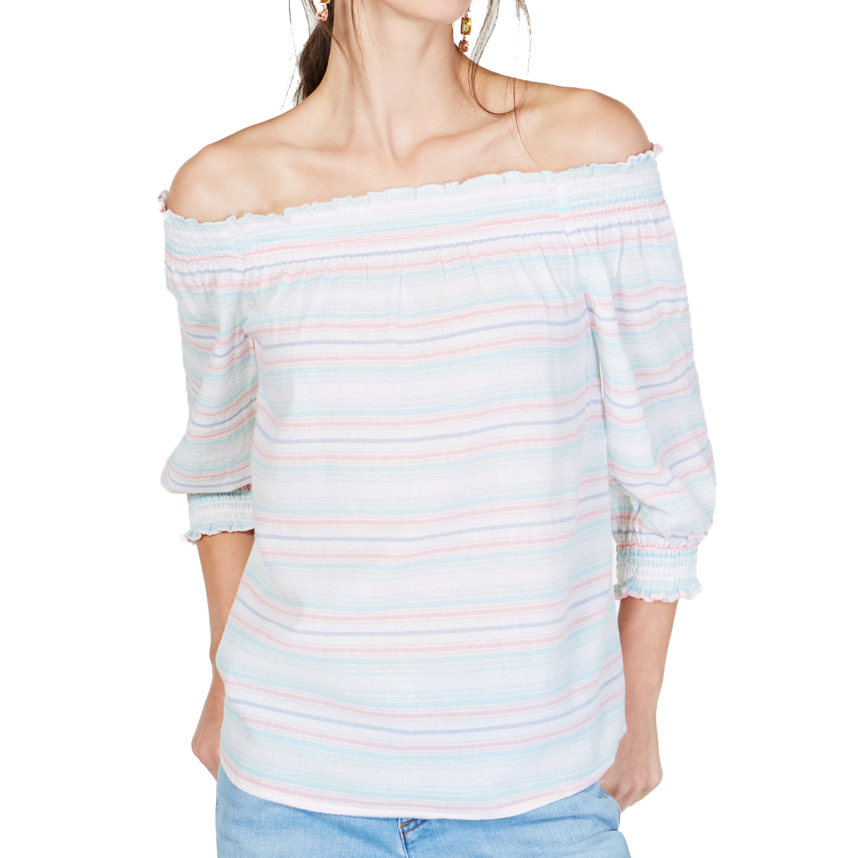 INC International Concepts Women Striped Off The Shoulder Shirt Unicorn Stripe