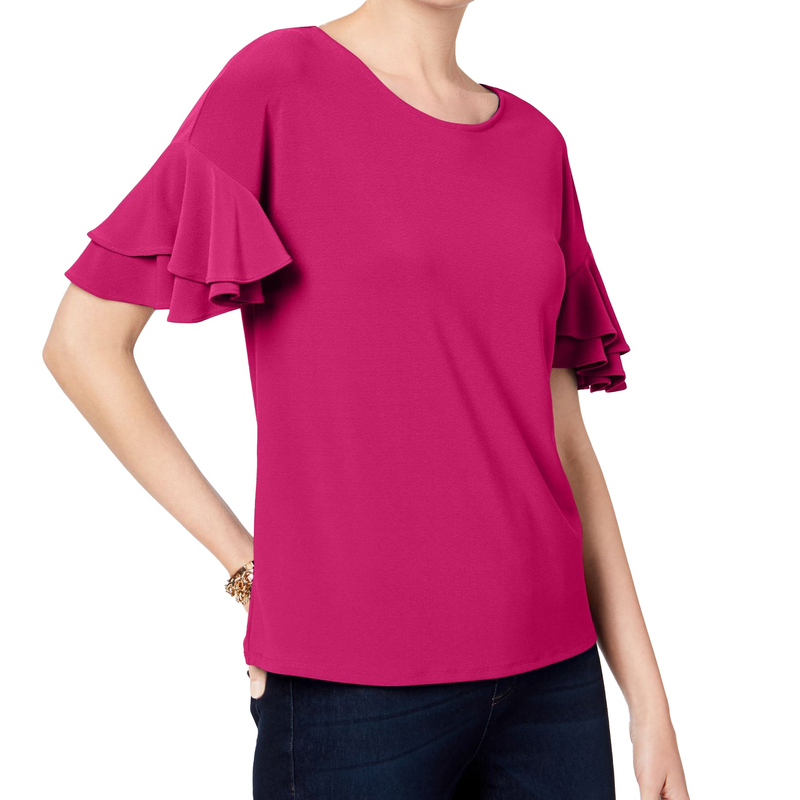 INC International Concepts Women Ruffled Sleeve Top Pink Peacock