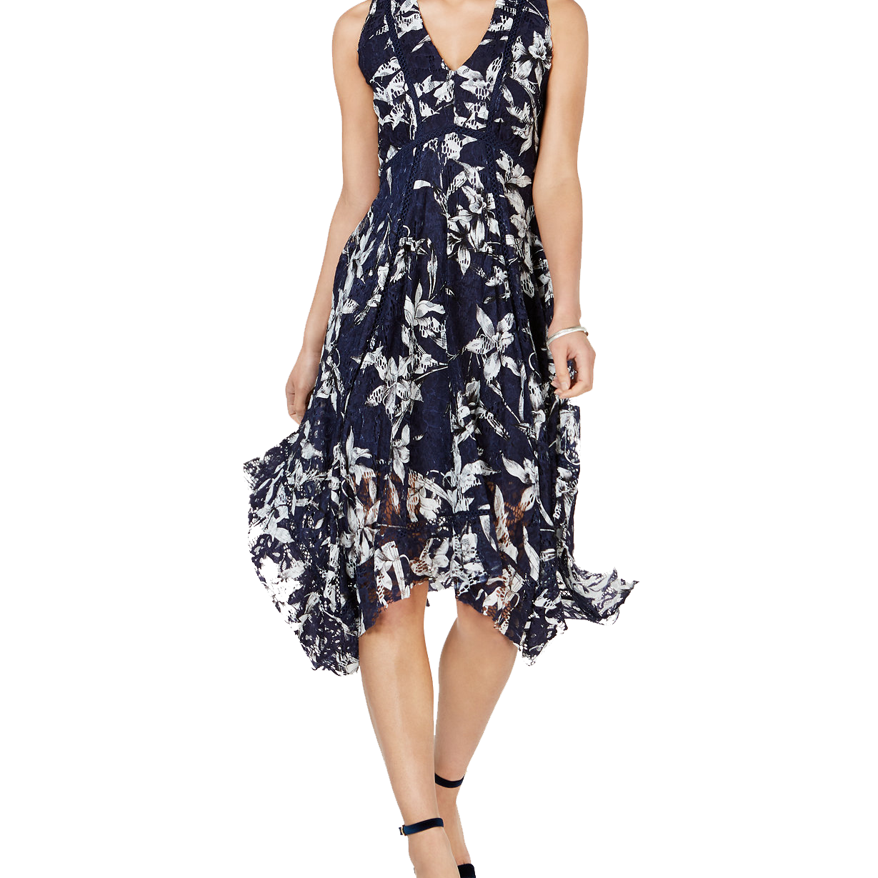 Taylor Women Printed Lace Handkerchief Hem Dress Navy Ivory