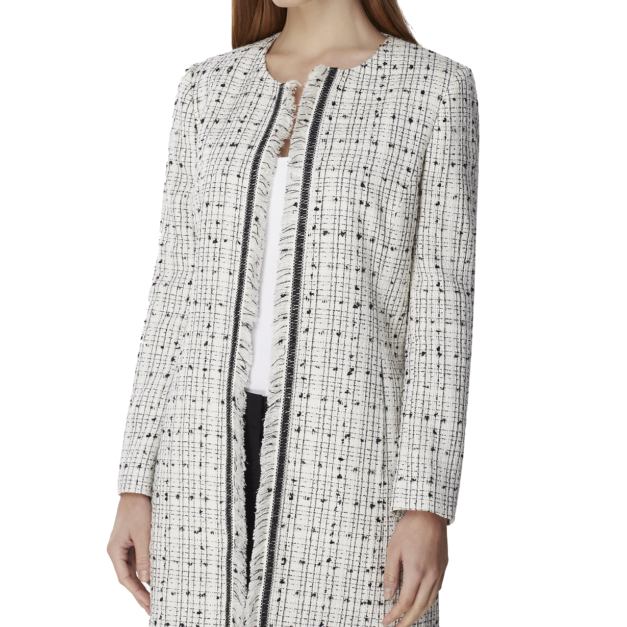 Tahari ASL Women Petite Fringe Trim Topper Jacket Ivory Black