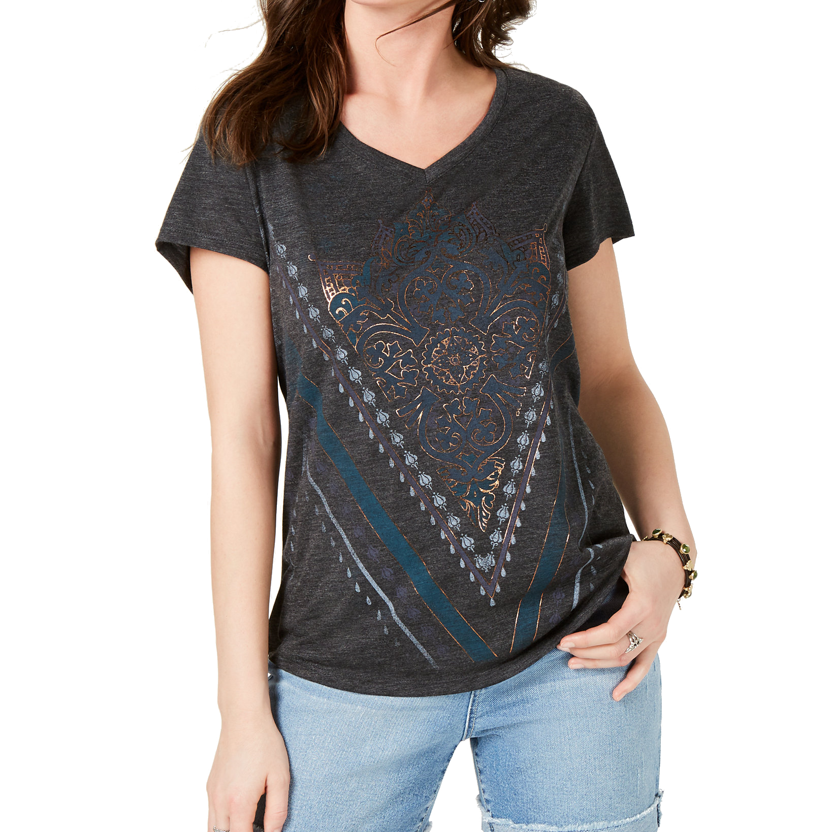 Style-&-Co-Women-Metallic-Graphic-T-Shirt-Chevron-Border