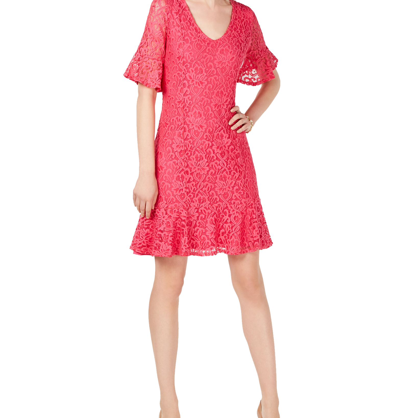 NY Collection Women Petite Ruffled Lace Dress Magenta Morelace