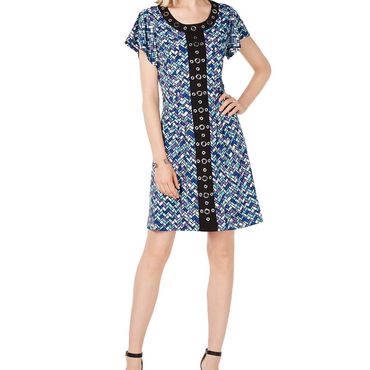 NY Collection Women Petite Grommet Trimmed Printed Dress Aqua Cubeduo