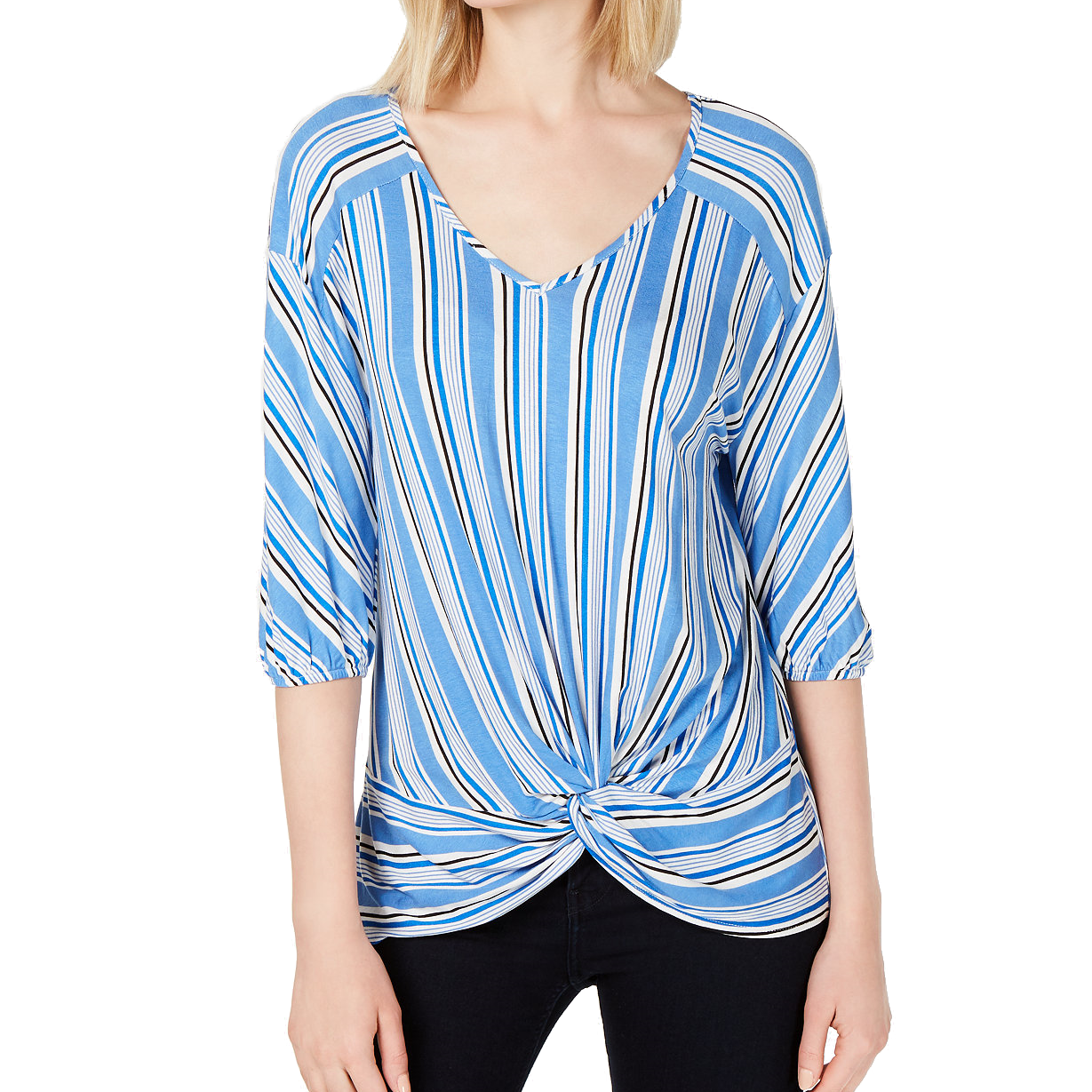 NY Collection Women Petite Striped Twist Front Top Blue Funstripe