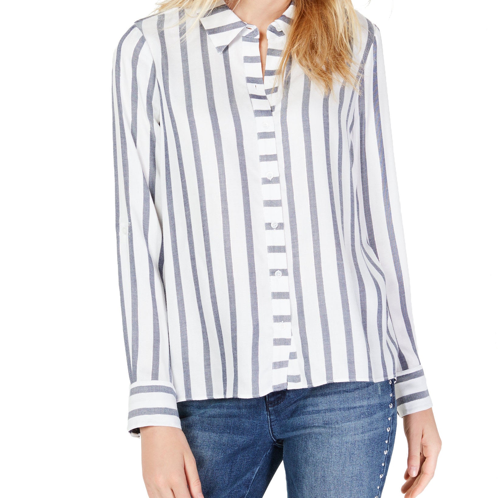 INC International Concepts Women Metallic Stripe Shirt Blue Stripe
