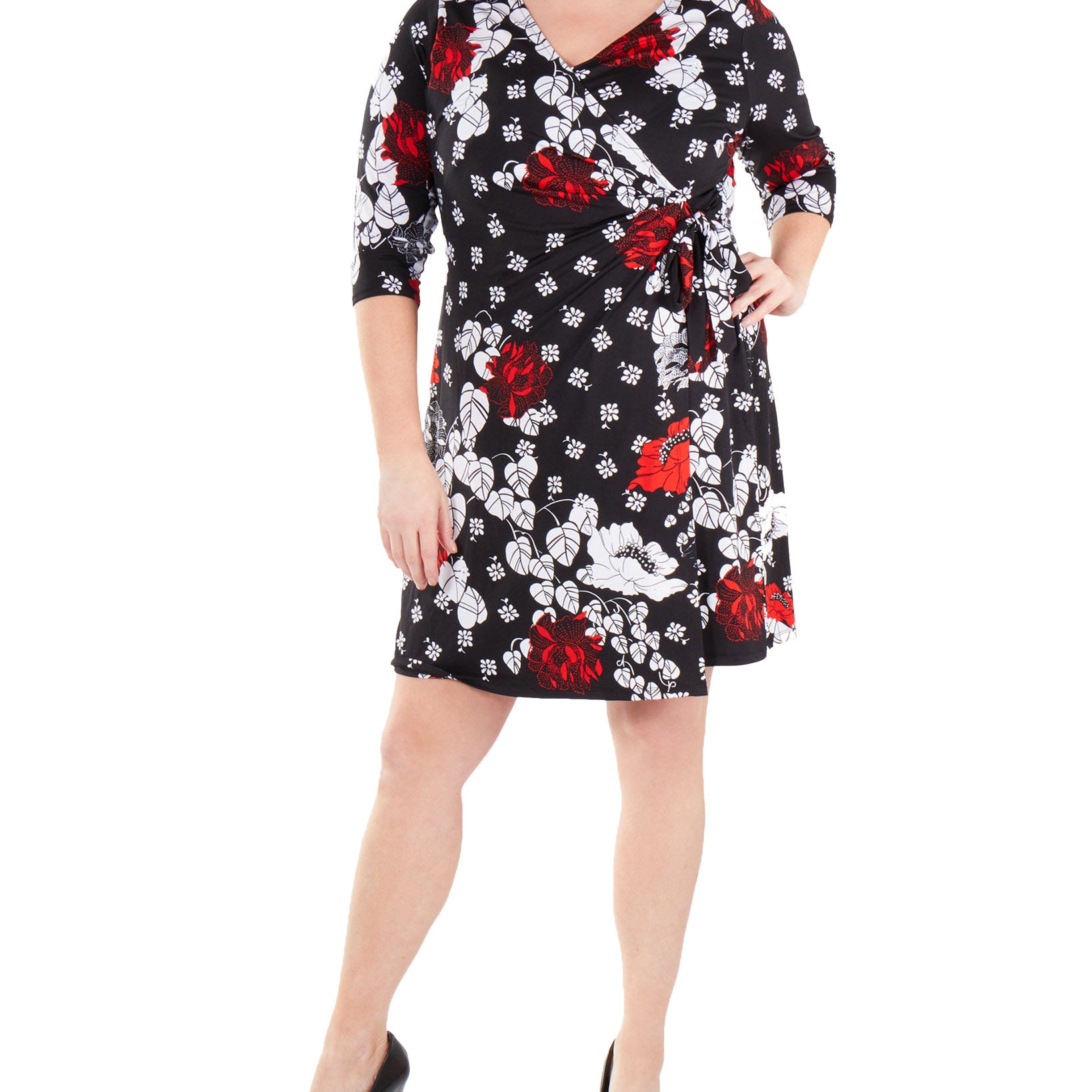 NY Collection Women Plus Printed Tie Front Wrap Dress Black Giofleur