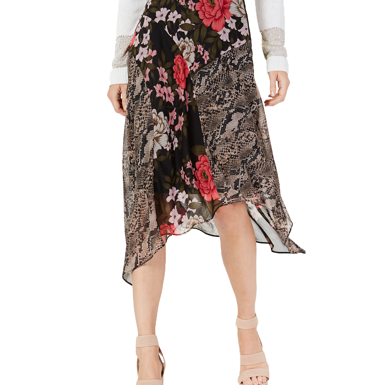 INC International Concepts Women Petite Mixed Print Floral Midi Skirt Blossom Snake
