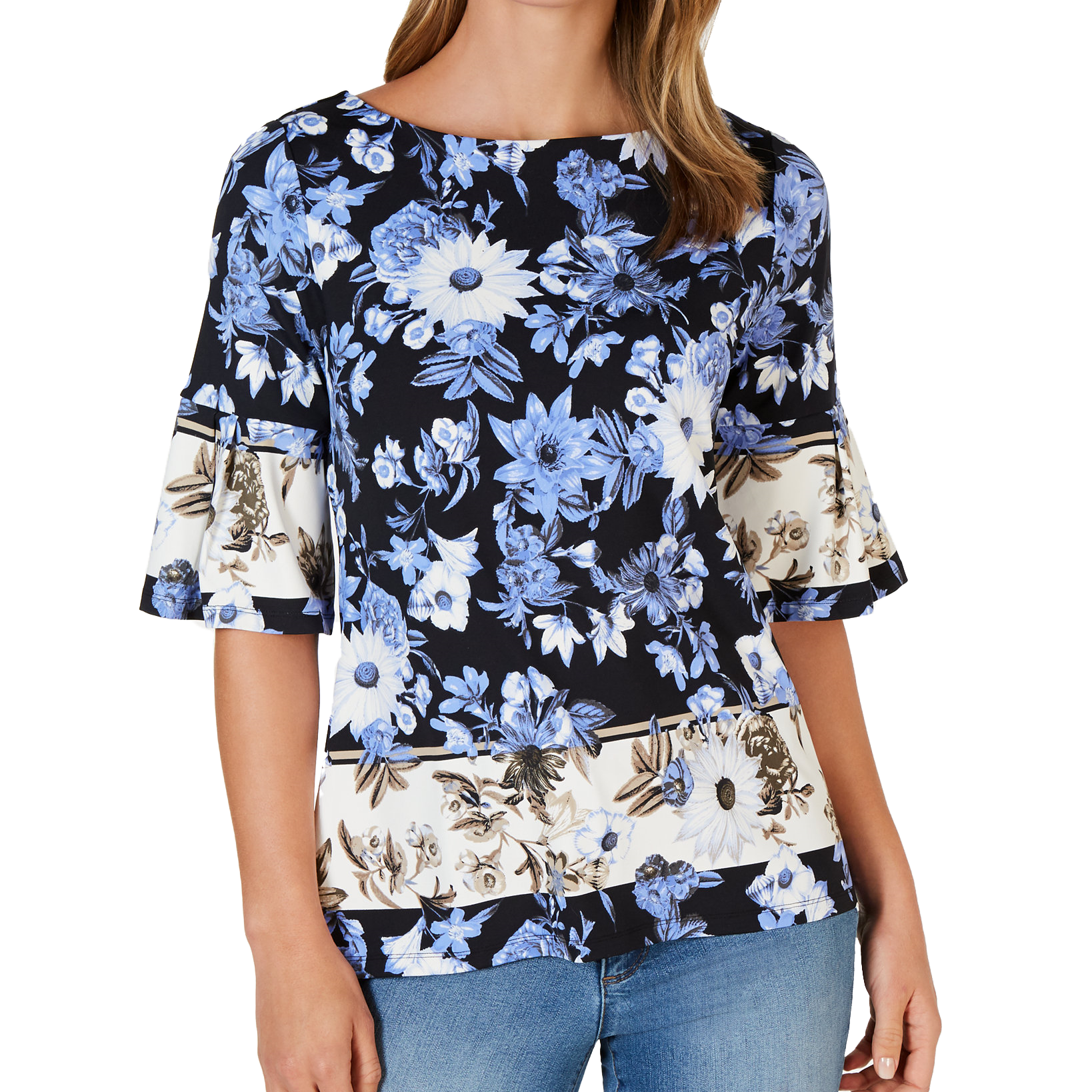 Charter Club Petite Floral Print Bell Sleeve Top Blue Star Combo