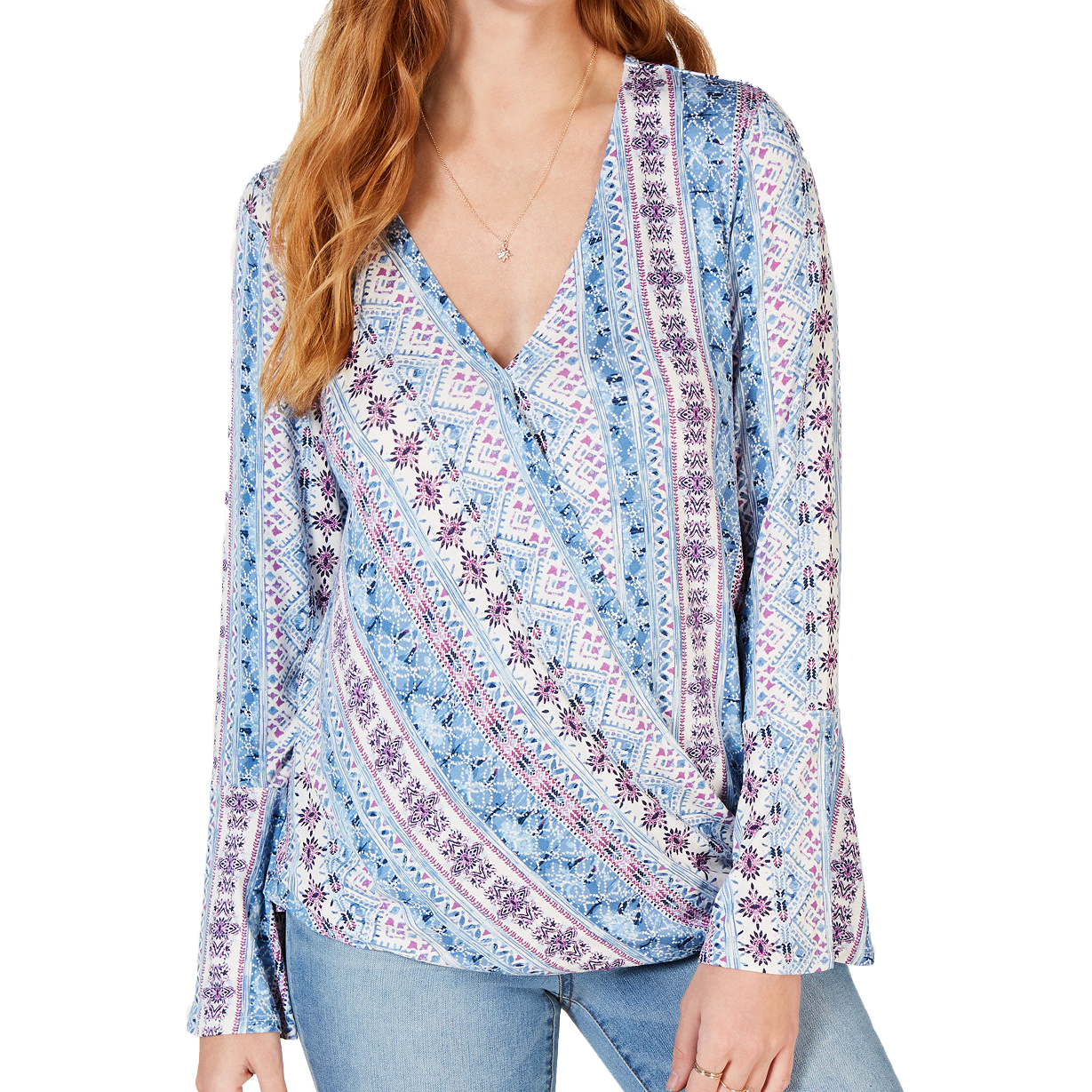 Style & Co Women Printed Surplice Bell Sleeve Top Castaway Lane