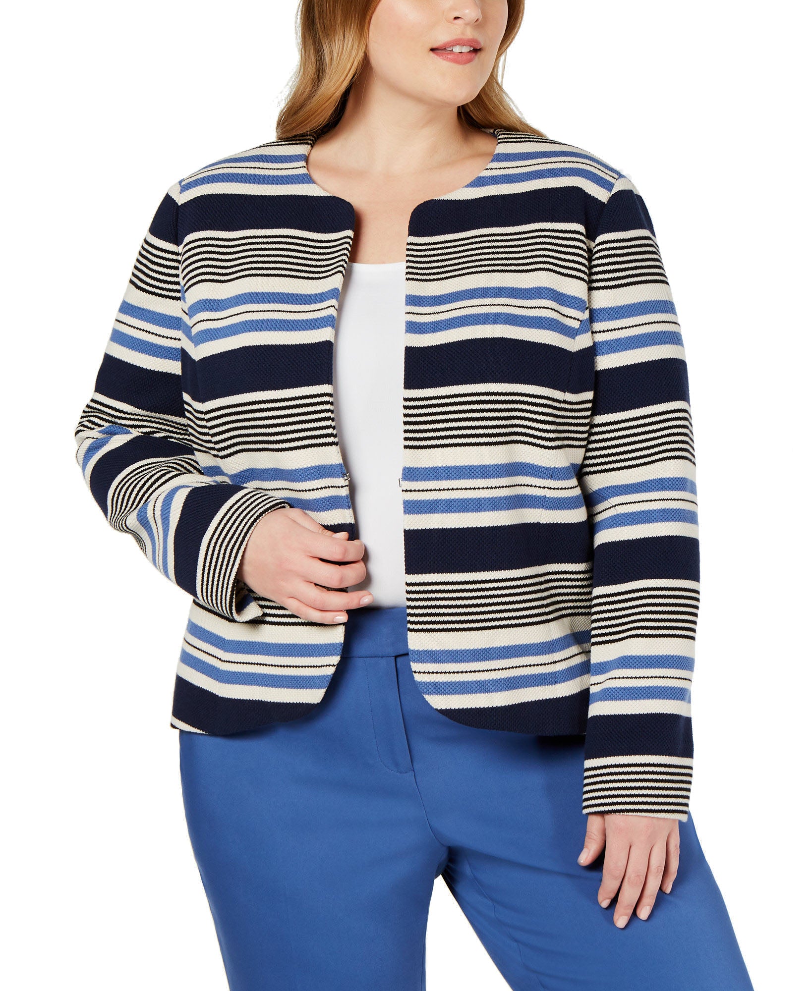 Anne Klein Women Plus Striped Tulip Jacket Rainshadow White Combo