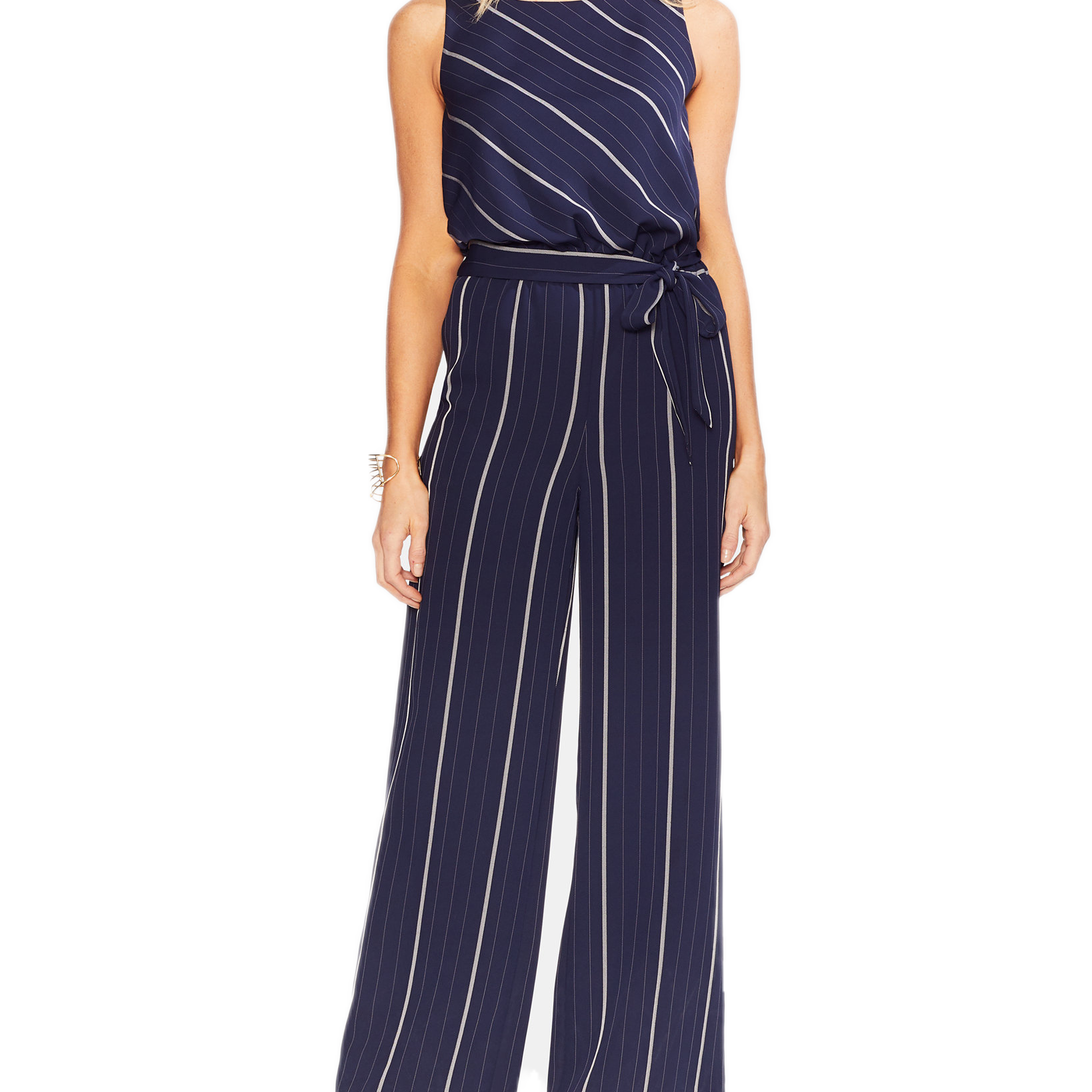 Vince Camuto Women Belted Striped Wide Leg Jumpsuit Classic Navy