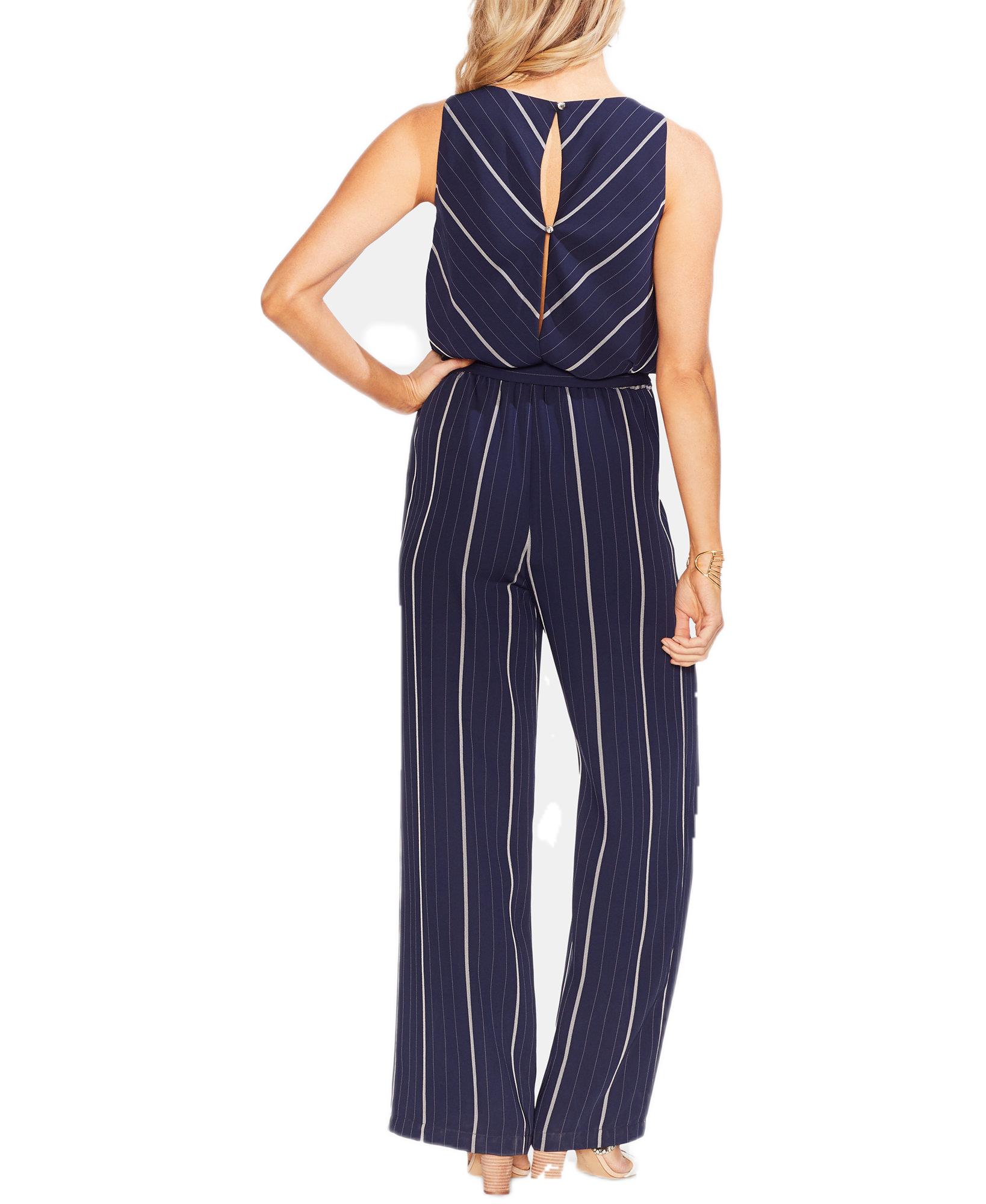 Vince Camuto Women Belted Striped Wide Leg Jumpsuit