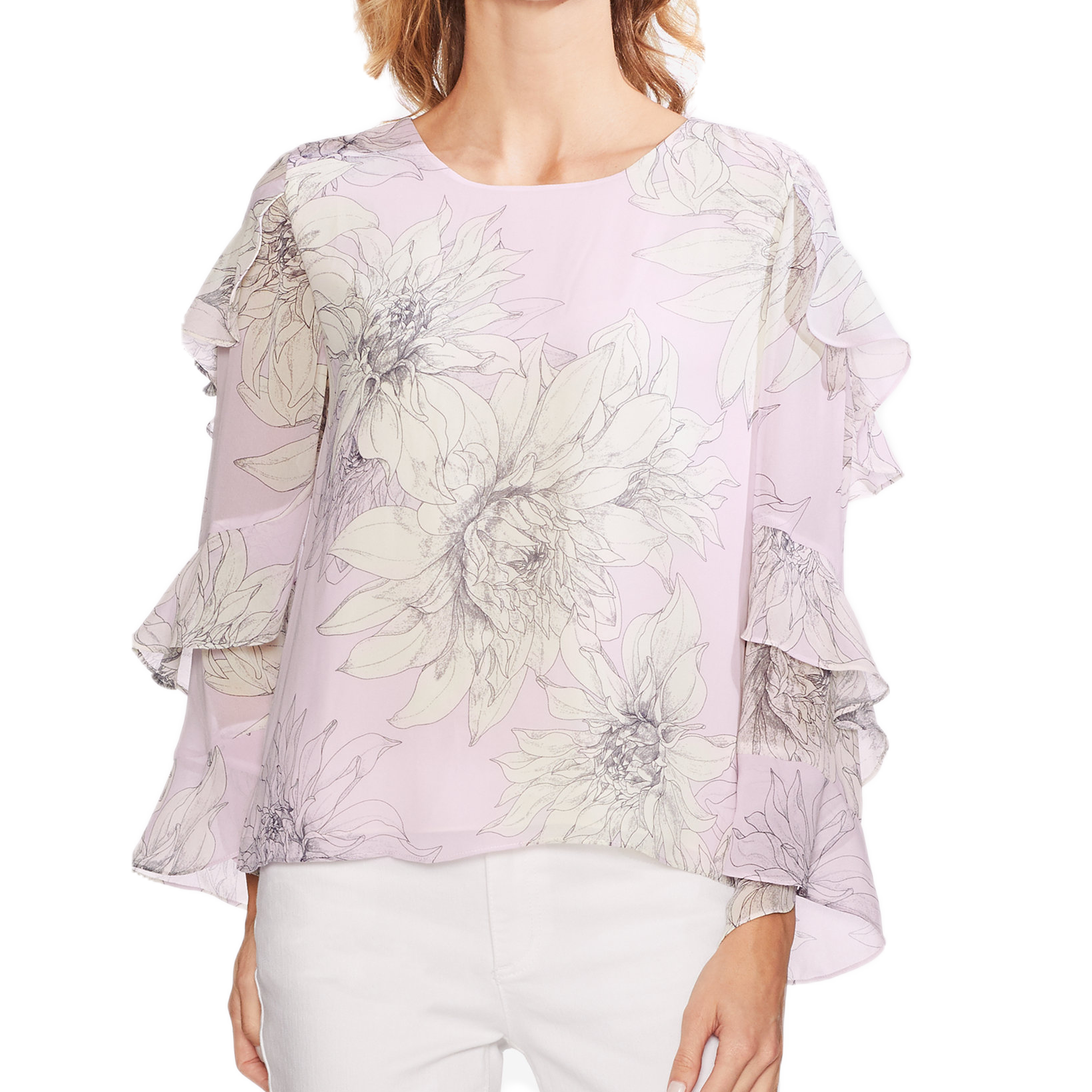 Vince Camuto Women Pagoda Blossoms Ruffled Sleeve Top Purple Fresh Lilac