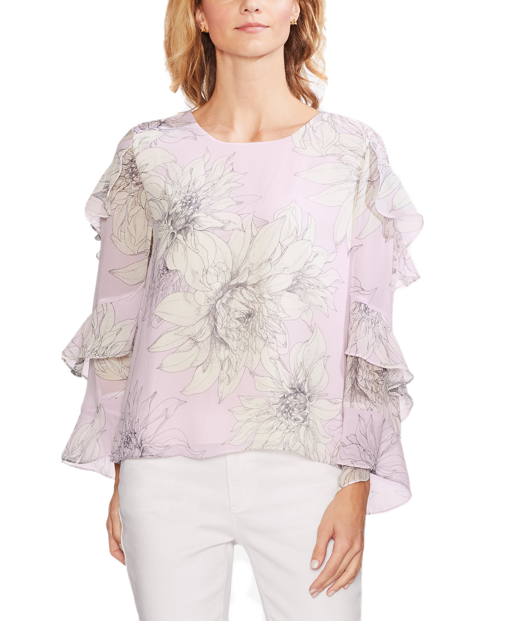 Vince Camuto Women Pagoda Blossoms Ruffled Sleeve Top Purple Fresh Lilac
