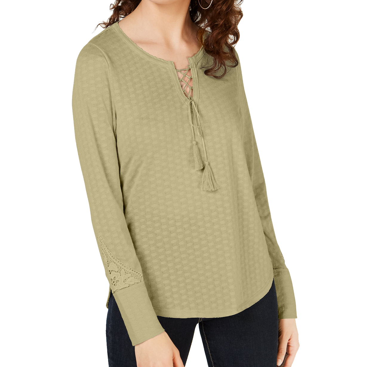 American Rag Women Lace Up Henley Top Oatmeal