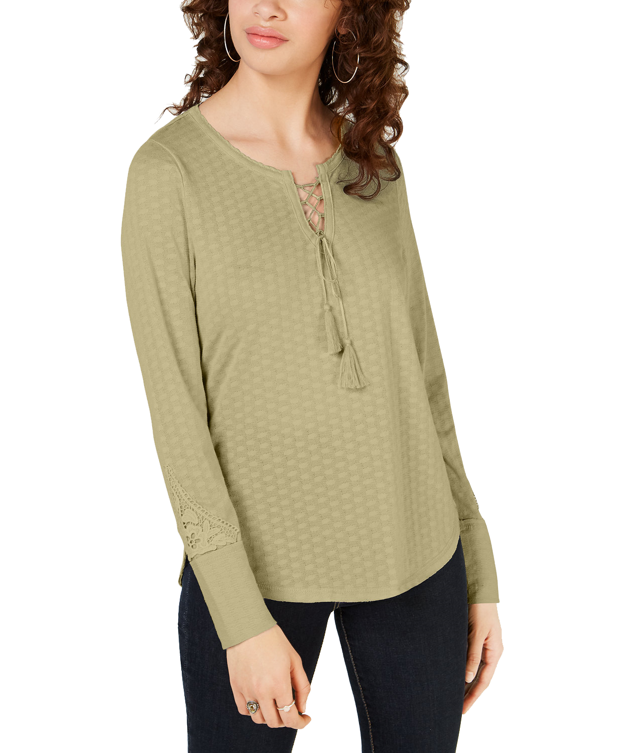 American Rag Women Lace Up Henley Top Oatmeal