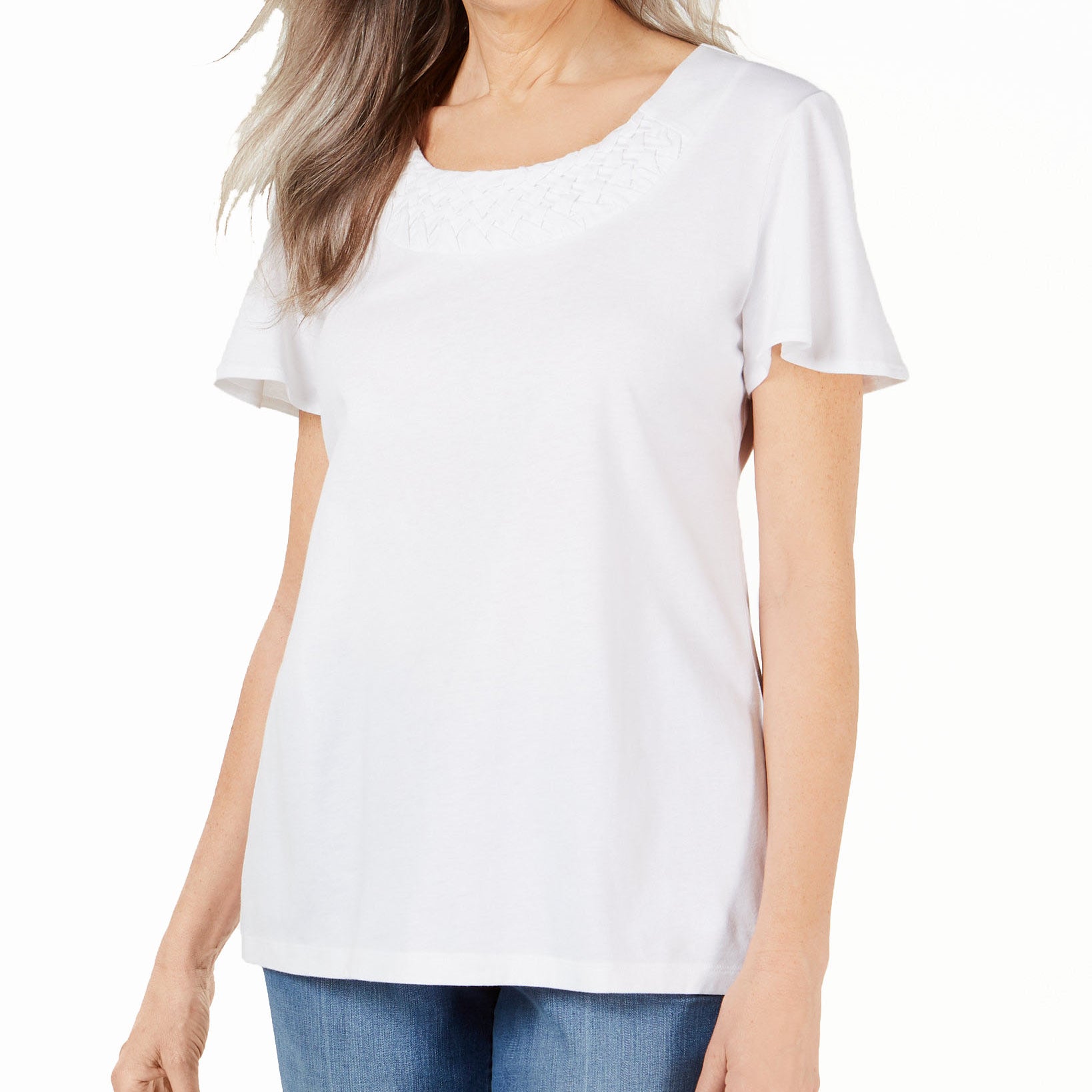 Karen Scott Women Basketweave Trim Flutter Sleeve Top Bright White