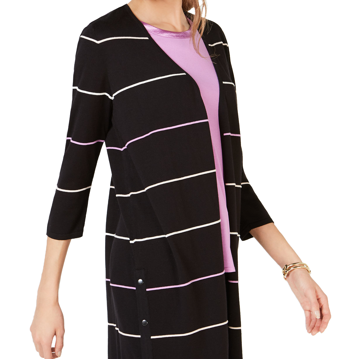 Alfani Women Striped Button Embellished Cardigan Deep Black