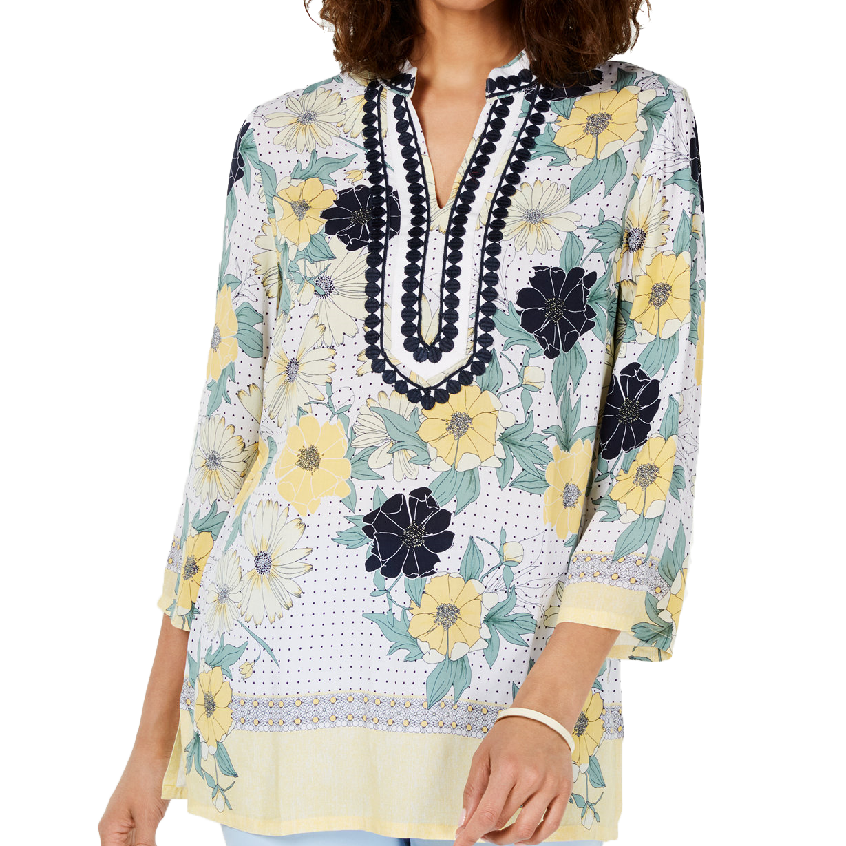 Charter Club Women Printed Embroidered Split Neck Tunic Citron Aura Combo
