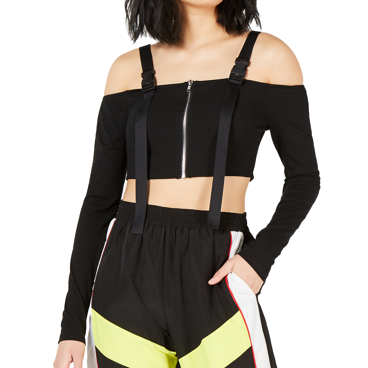 Waisted Women Buckle Crop Top Black