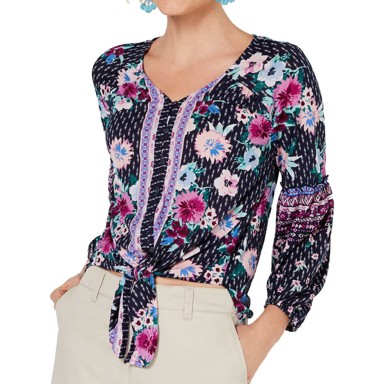 Style & Co Petite Printed Tie Front Top Daydream Twist