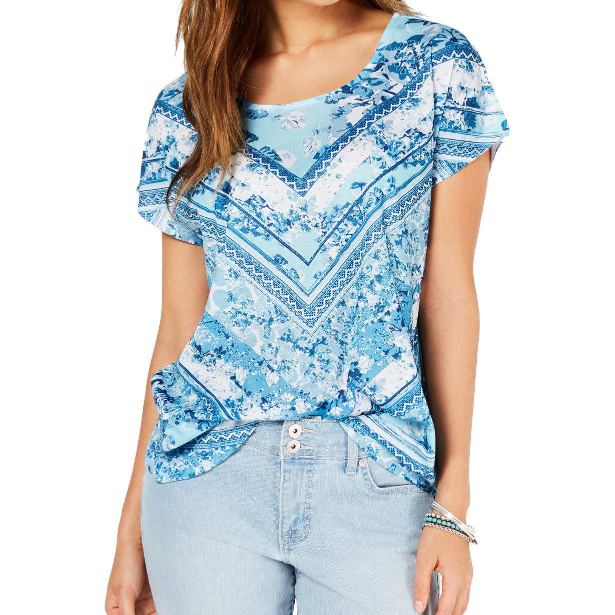 Style & Co Women Petite Printed Dolman Sleeve T Shirt Reflection Days