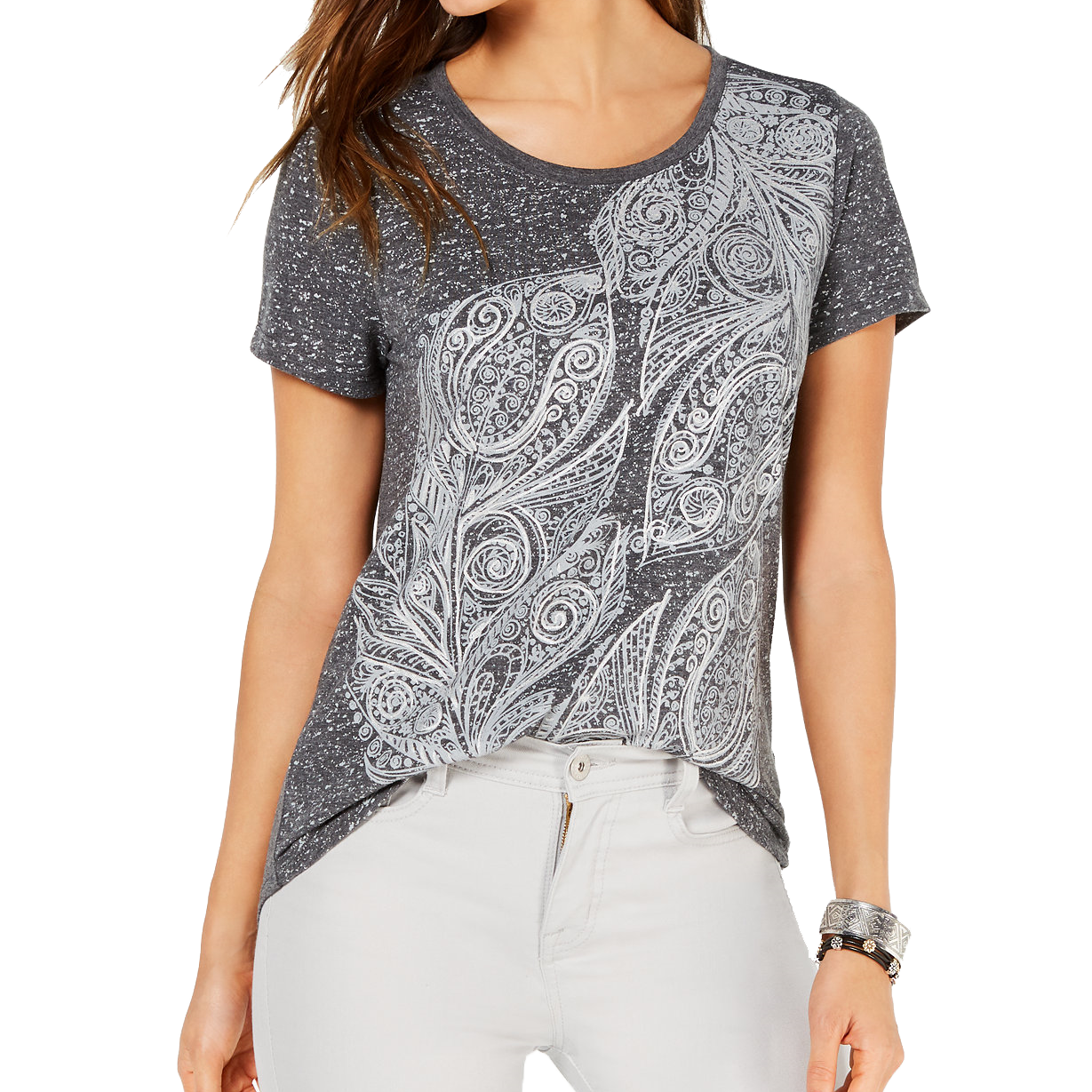 Style & Co Women Graphic Scoop Neck Top Fortune Leaves