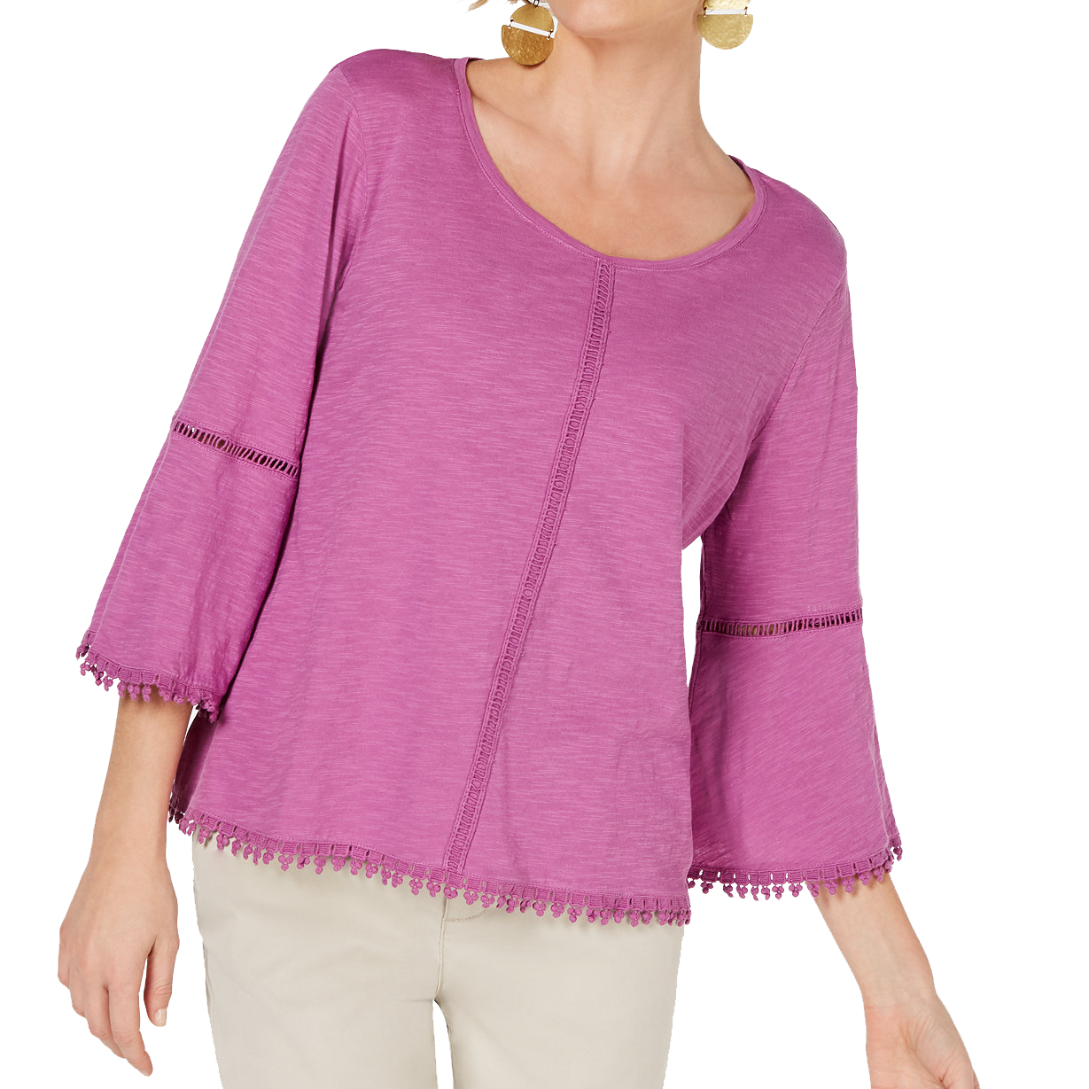 Style & Co Women Crochet Trim Bell Sleeve Top Orchid Bloom