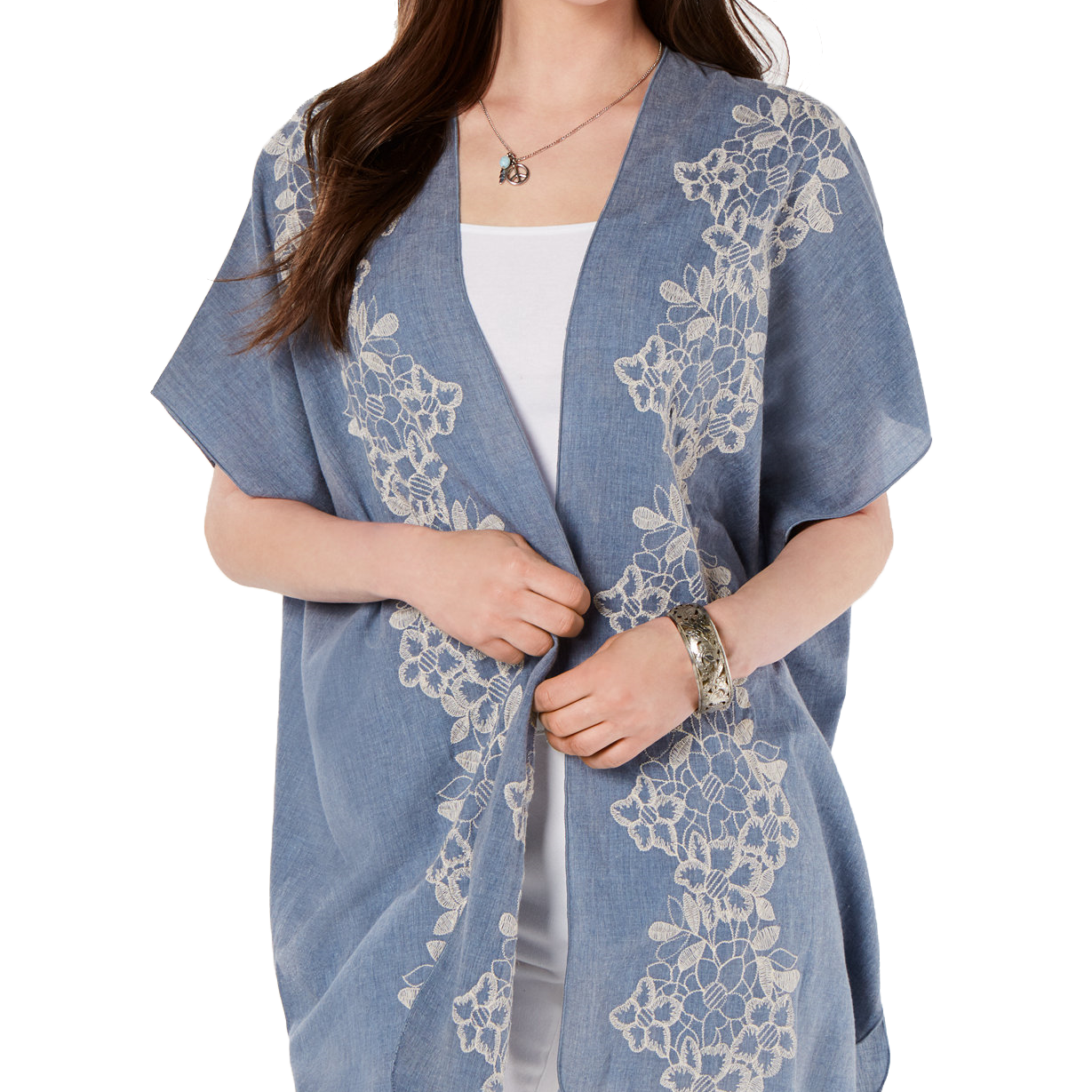 Style & Co Embroidered Open Front Kimono Floral Chain