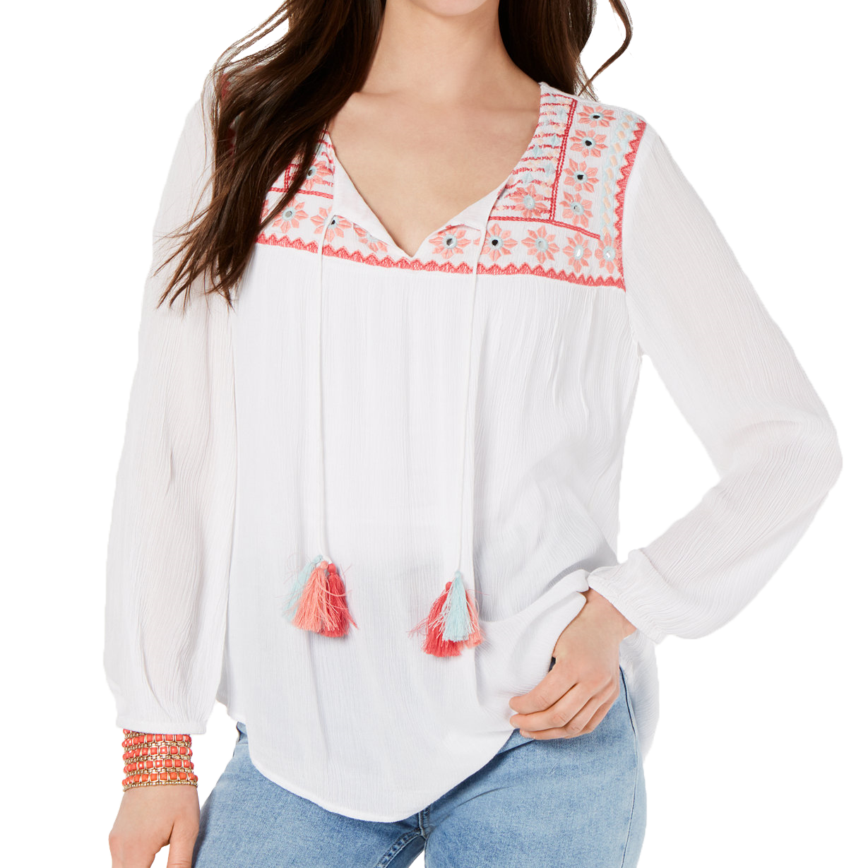 Style & Co Women Embroidered Long Sleeve Top Aquatic Burst