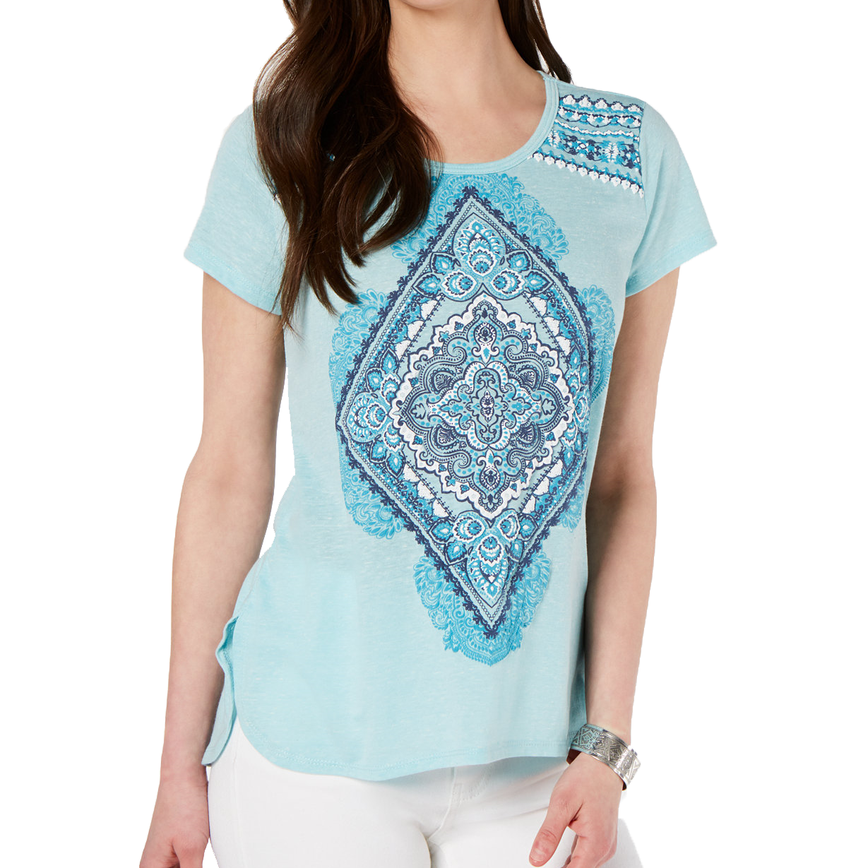 Style & Co Women Graphic Print High Low T Shirt Folk Diamond