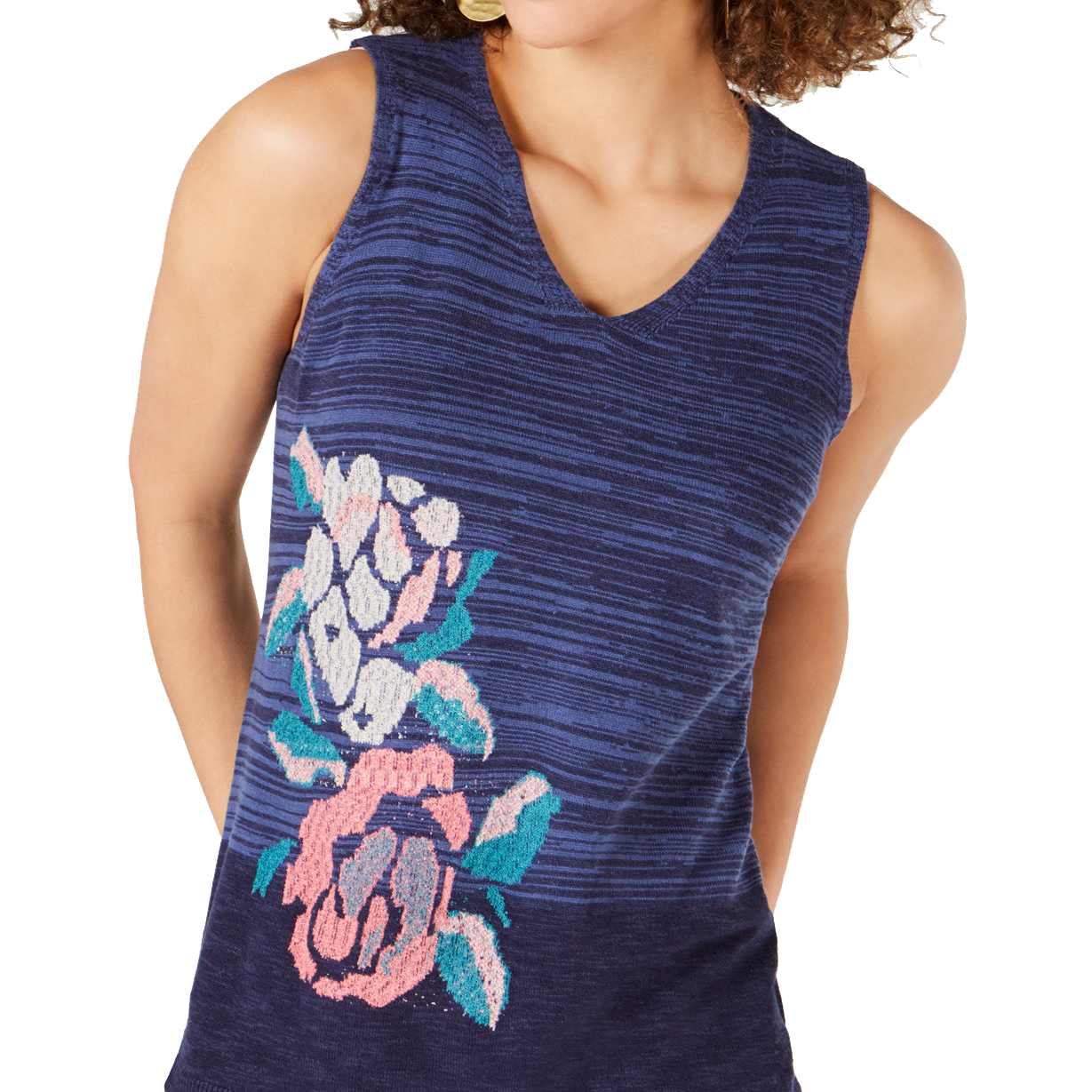 Style & Co Women Sleeveless Printed V Neck Sweater Mod Bloom