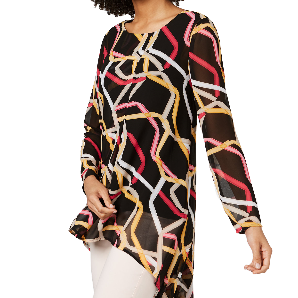 Alfani Women Petite Floral Print High Low Tunic Multi Ribbons