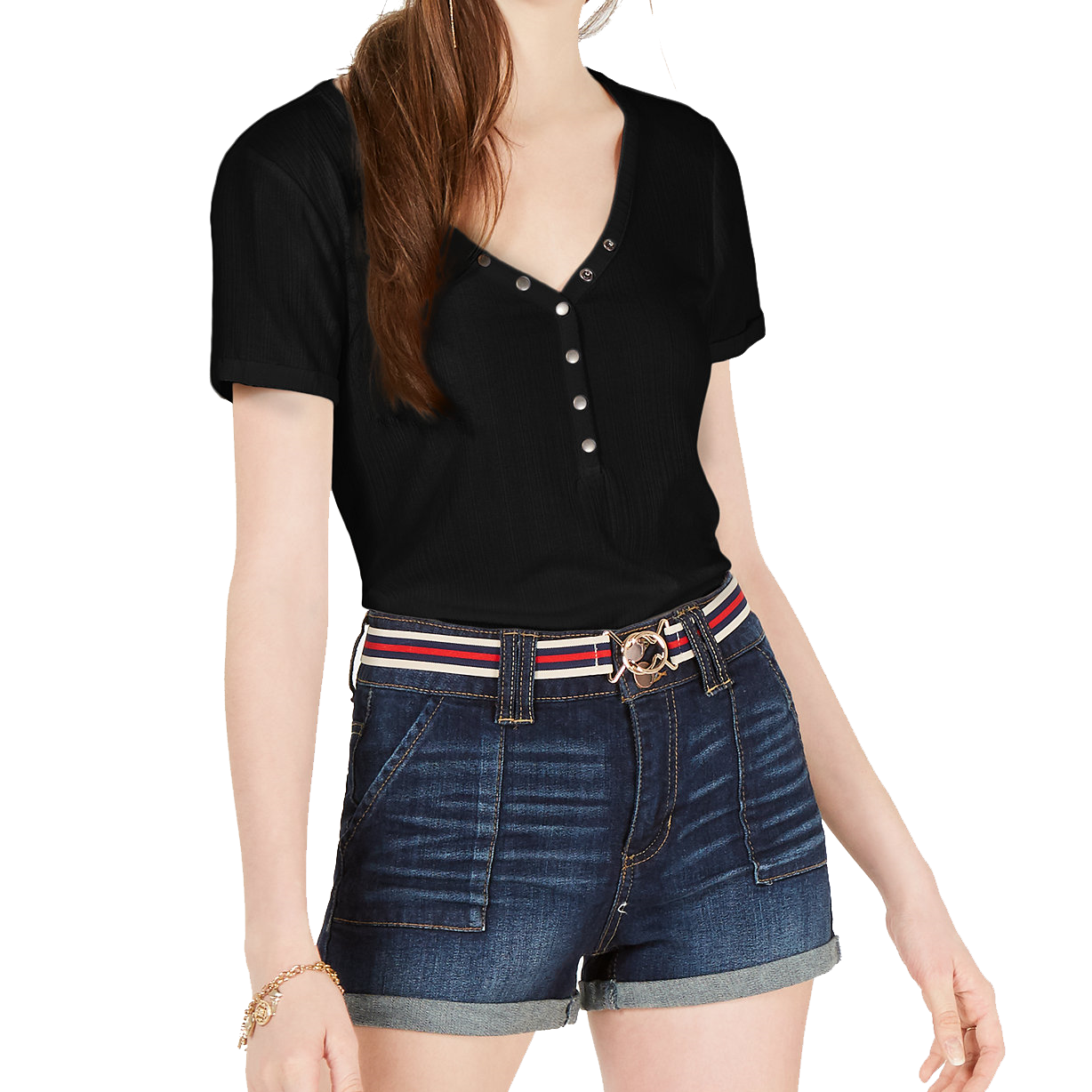 Hippie Rose Women Rib Knit Snap Front Top Black