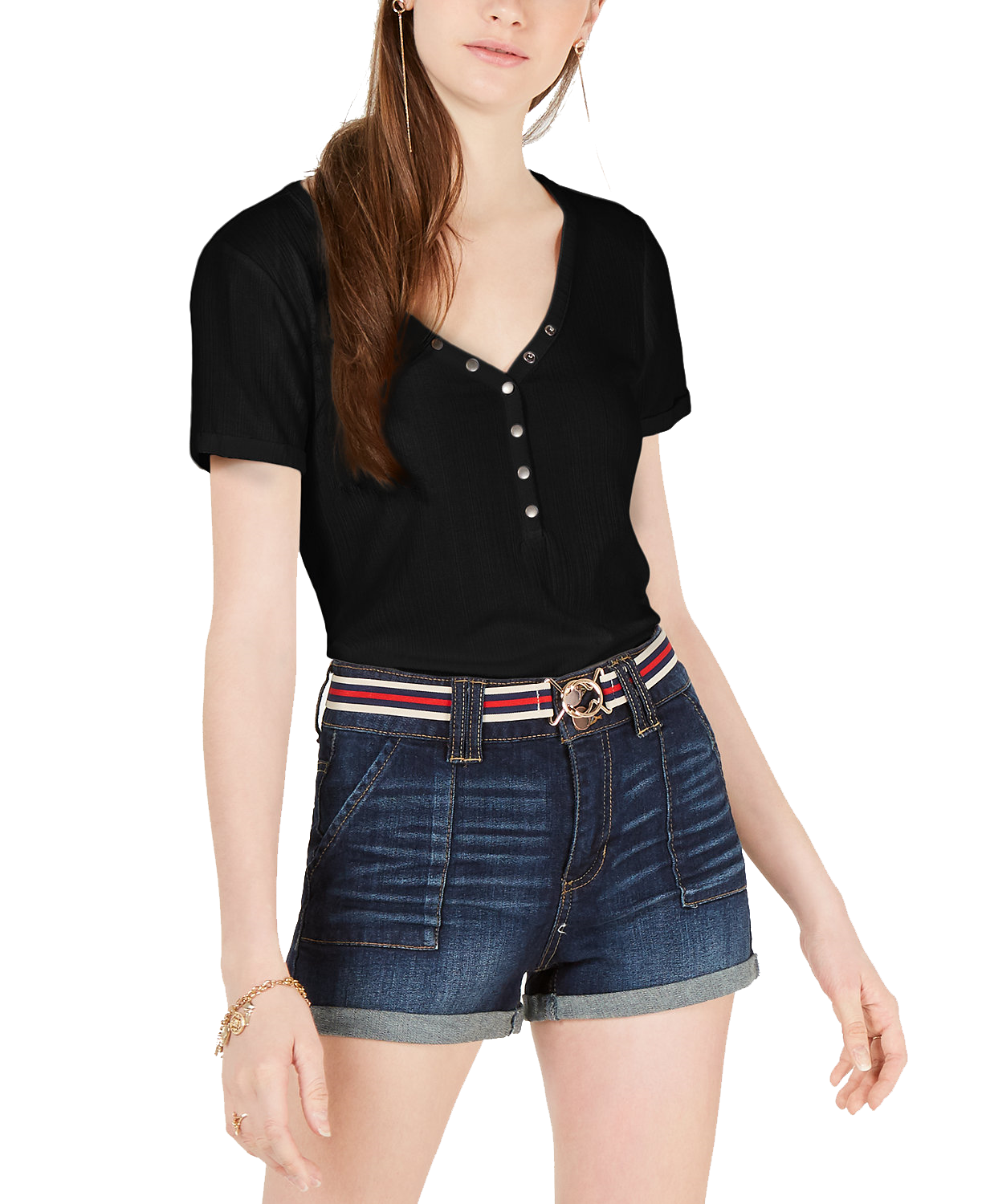 Hippie Rose Women Rib Knit Snap Front Top Black