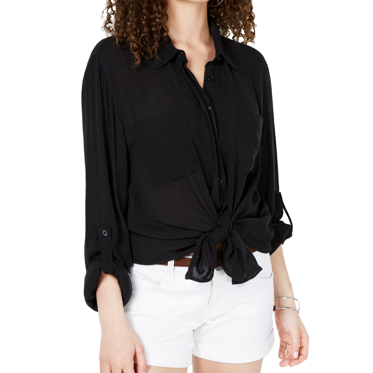 Hippie Rose Women Tie Front Utility Shirt Black