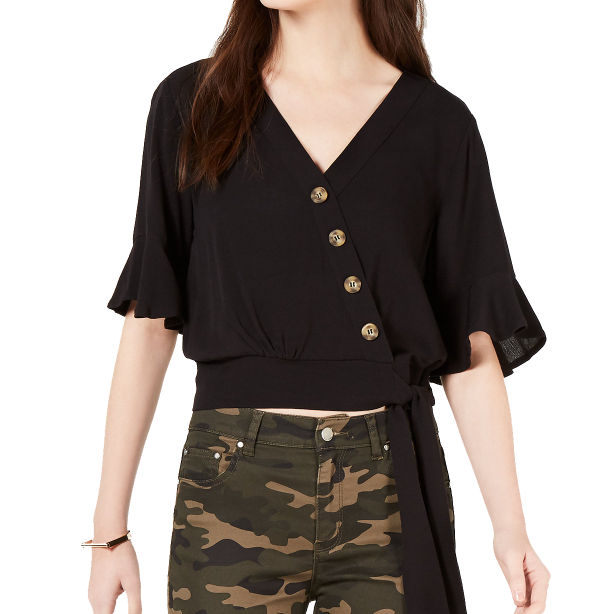 Gypsies & Moondust Women Solid Button Wrap Blouse Black