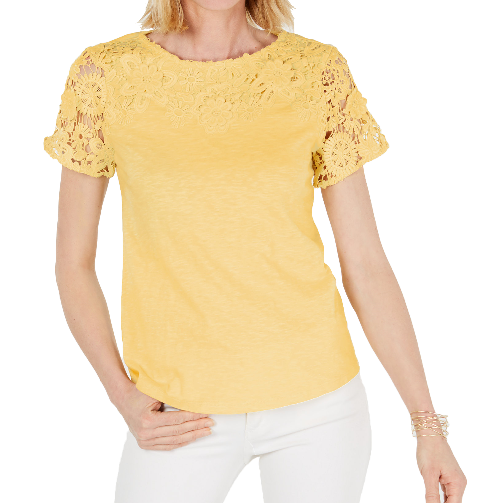 Charter Club Cotton Lace Embellished T Shirt Citron Aura