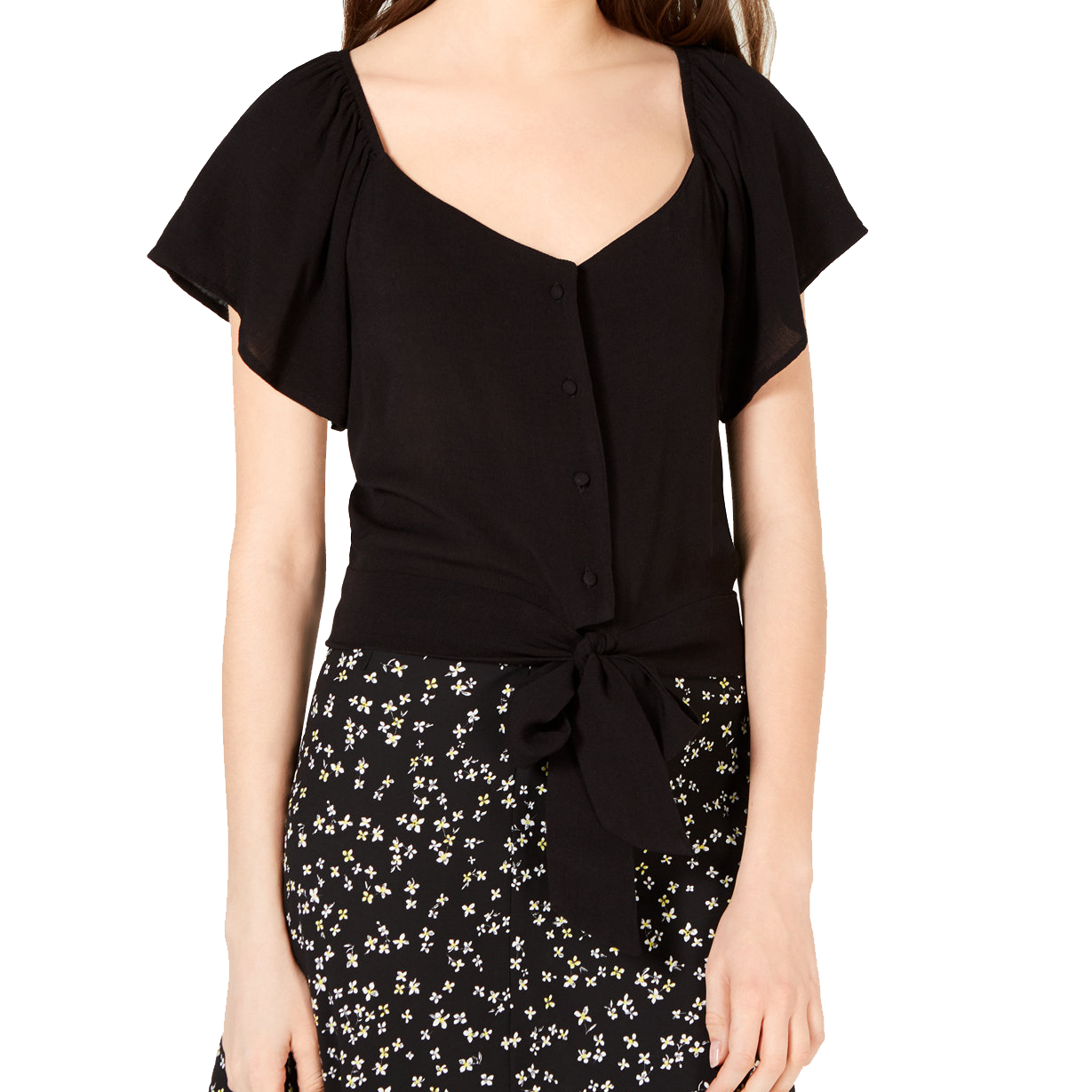 Gypsies & Moondust Women Flutter Sleeve Button Front Top Black